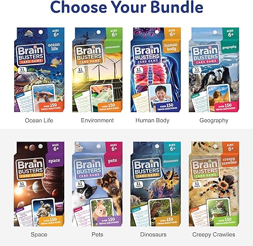 Miniatura 5 de Brain Busters - Juego de cartas para niños, paquete de trivia familiar con 120 tarjetas flash. Aprende y juega con tarjetas de trivia de múltiples