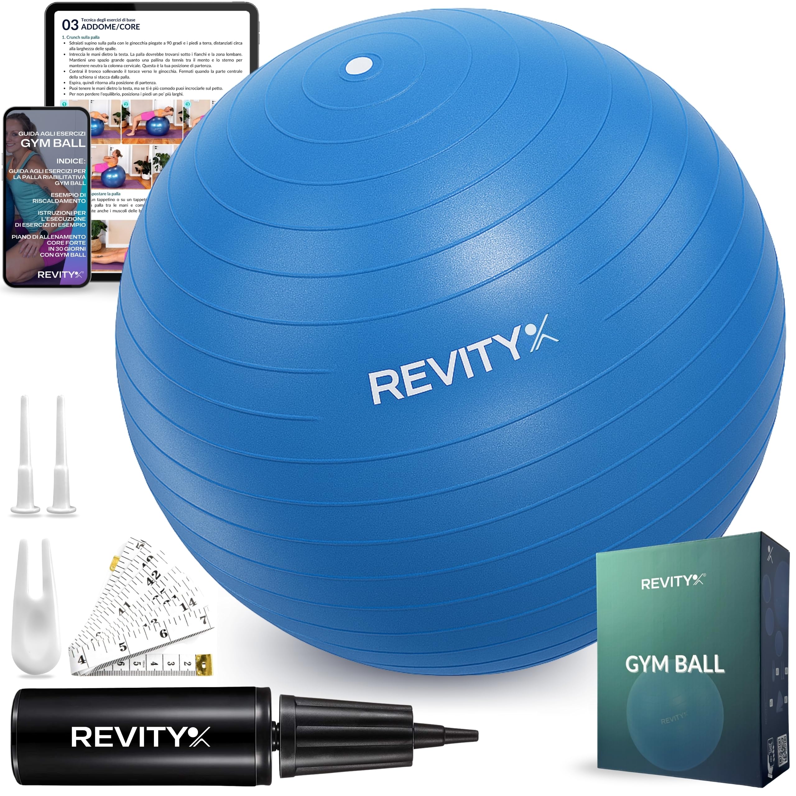 Palla Pilates 65 cm - Fitball Gravidanza Anti-Burst, Palla Pilates Grande per Esercizi e Yoga, Antistatica e Antiscivolo, 250 kg, con Pompa, 2 Valvole e Guida PDF di Allenamento