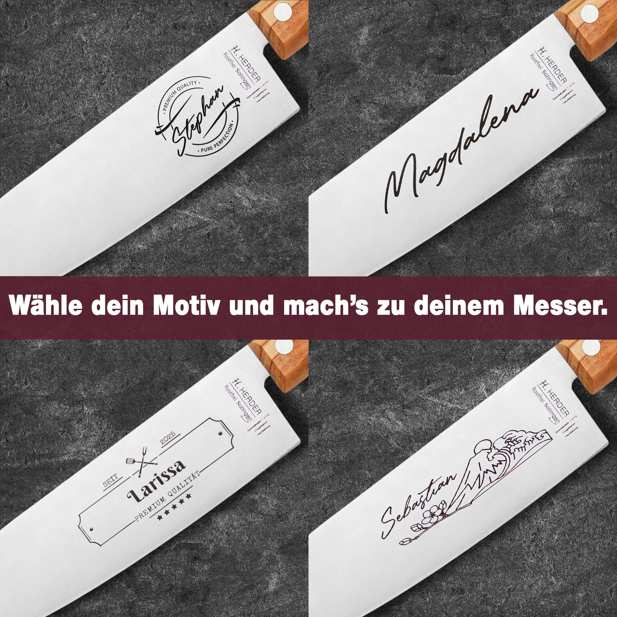 LOOXIS Personalisiertes Santokumesser mit Namen Graviert - H. Herder, Solingen, 17 cm Klinge, Made in Germany, handgeschliffen, Olivenholzgriff, Geschenk für Männer Weihnachten, Geburtstag, Vatertag