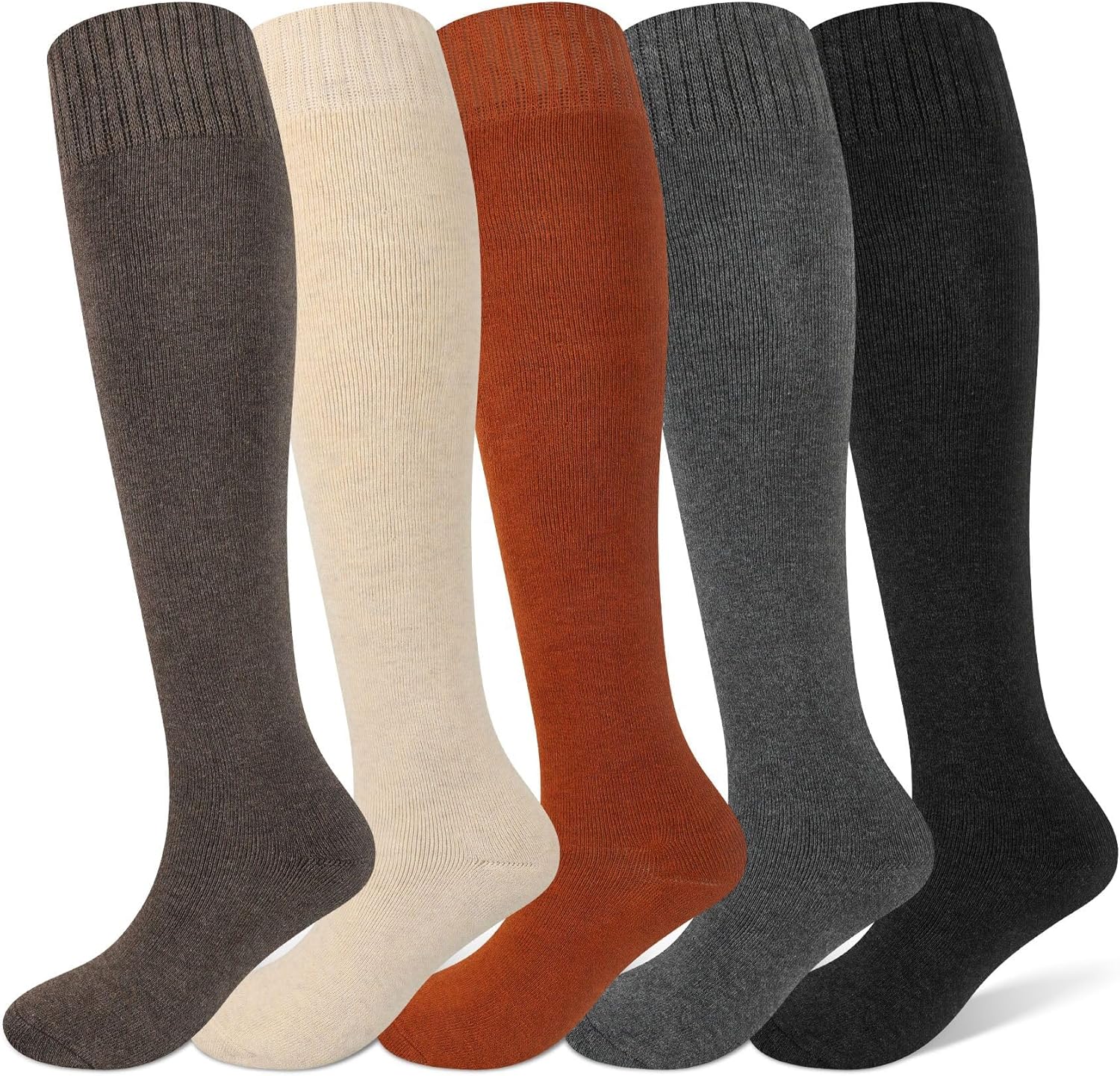 Justay 5 Pairs Winter Knee High Socks Warm Tall Boot, Soft Knit Thermal Cotton Long Socks for Women Gifts