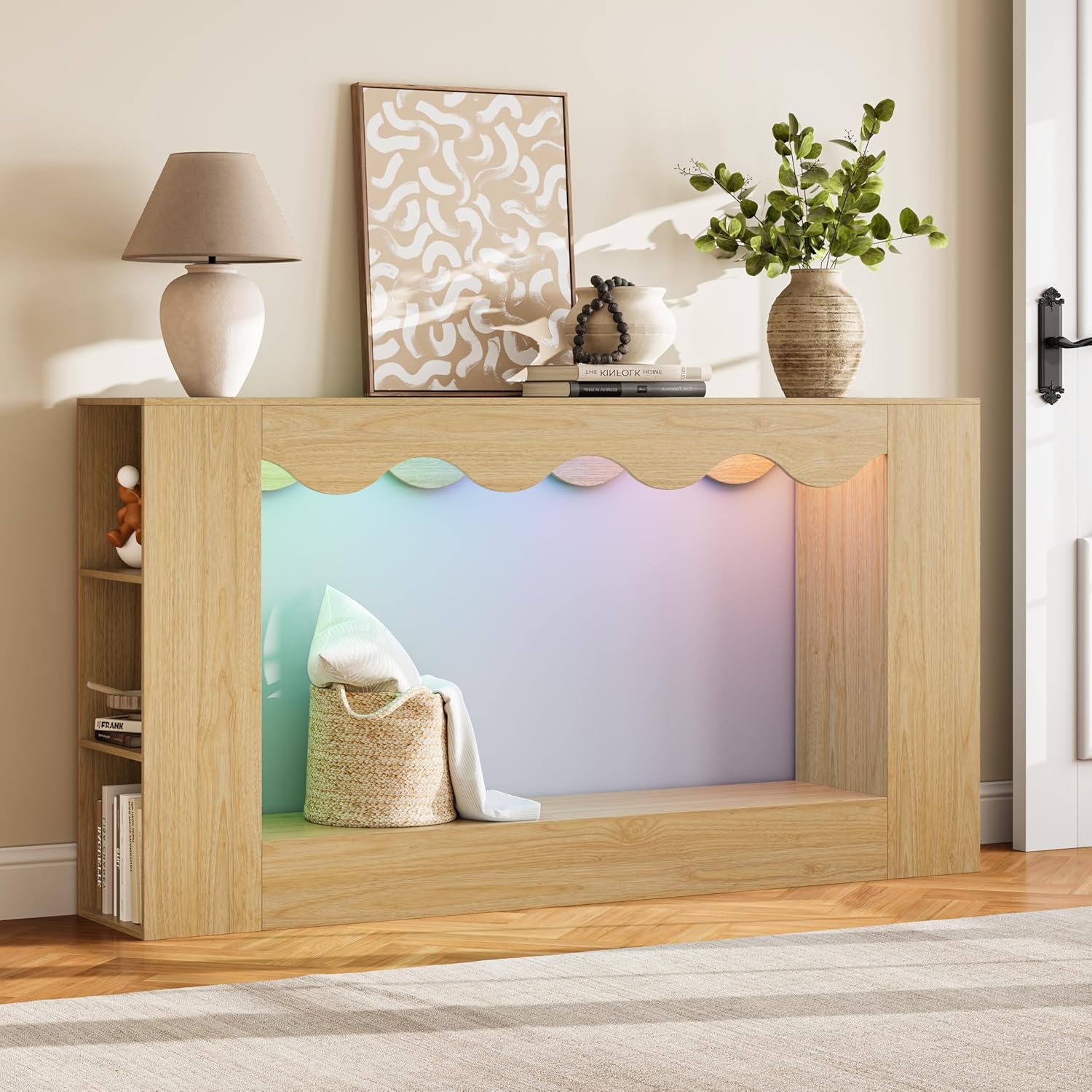 47 Inch Entryway Console Table with LED Light, Farmhouse Narrow Console Sofa Table with Storage, Wood Behind Couch Table for Living Room, Entrance, Black