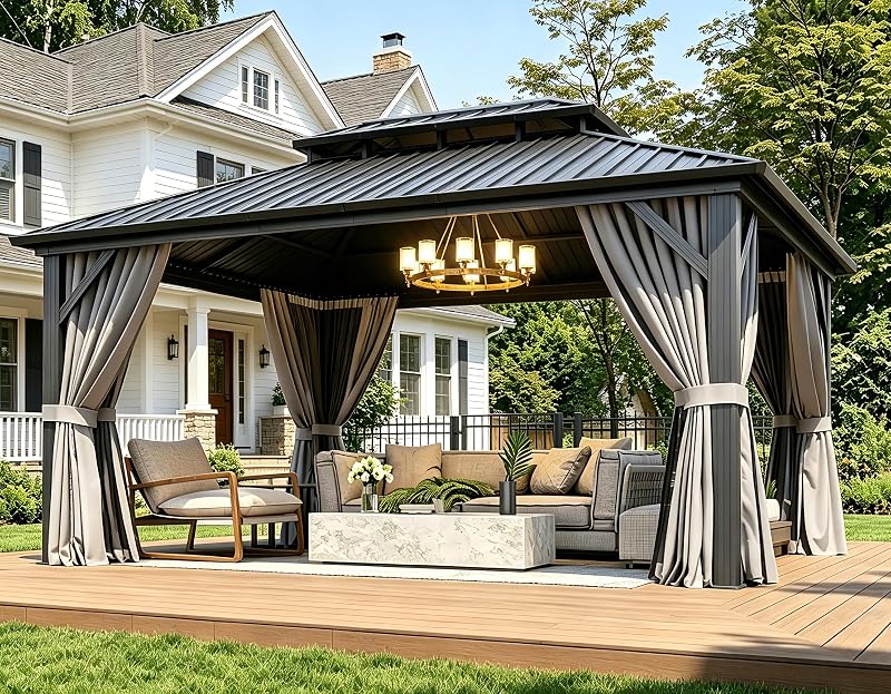 Aoxun Gazebo de metal con techo rígido de 12 x 16 pies con techo doble de acero galvanizado | Pabellón permanente de pérgola al aire libre con red transpirable, cortinas mosquiteras para patio trasero, césped, terraza, gris