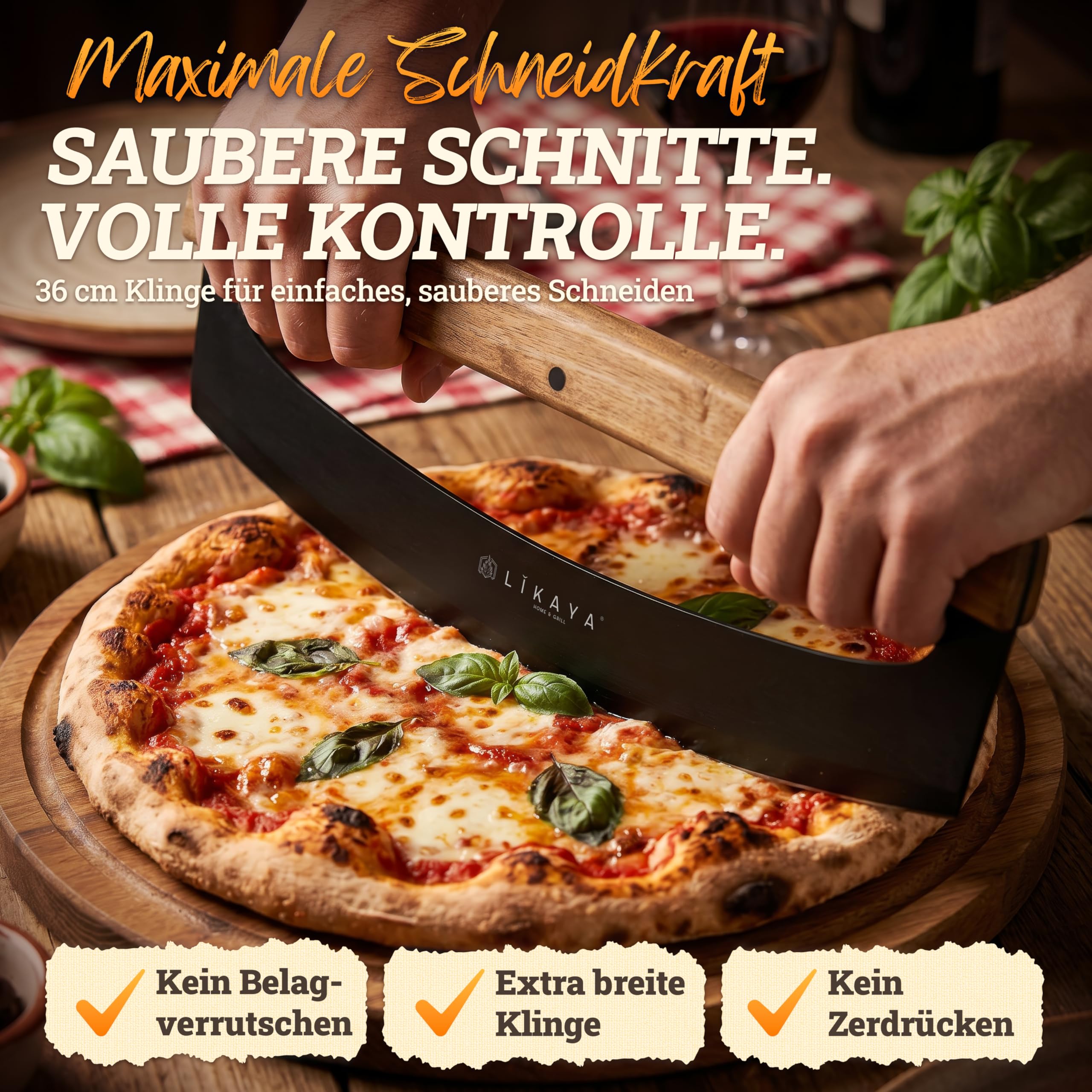 LIKAYA Pizzaiolo Set d'accessoires à pizza professionnel avec pelle à pizza 32 x 62 cm, planche à pizza 35 cm et couteau à pizza 36 cm – Pelle à pizza, couteau à pizza et planche à pizza en bois