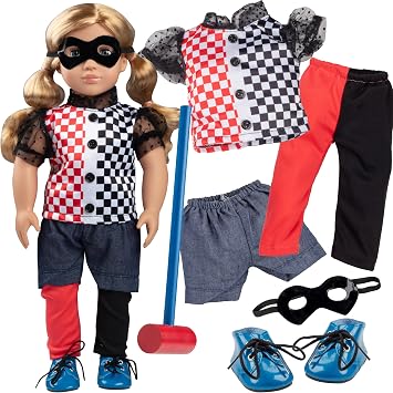 Harley Quinn Inspired 7-Piece Doll Outfit Complete Super Hero Costume for 18-Inch Dolls Fits American Girl & Our Generation Includes Shirt, Shorts, Leggings, Mallet, Mask & Shoes- Gift Set