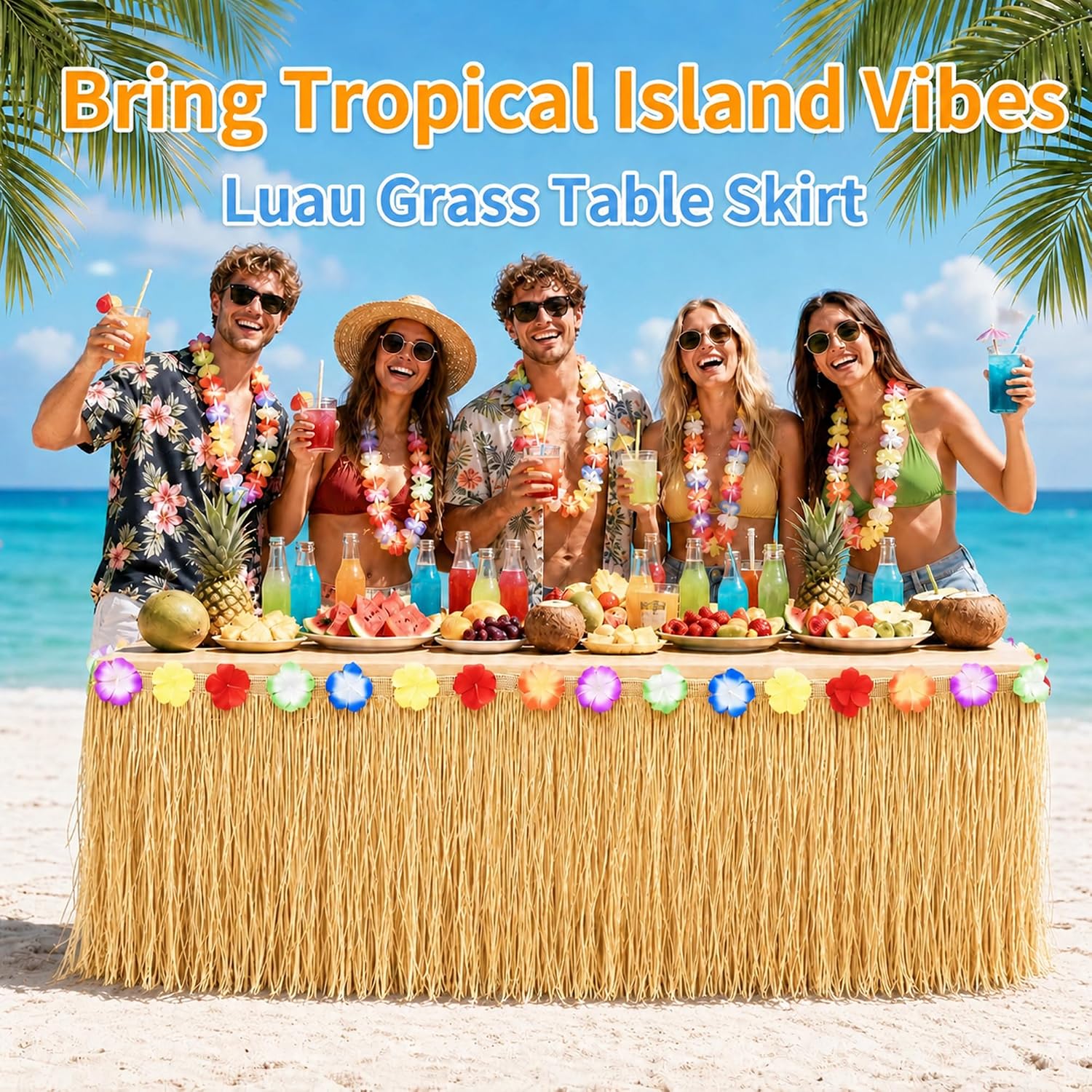 9 ft x 29.5 in Luau Grass Table Skirt, Hawaiian Tropical Table Skirts Cover