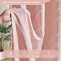 Vista 8 de Cortina de ducha bohemia rosa de tela tejida con borlas blancas, bonita cortina de ducha moderna de granja con textura tufted de chevrón a rayas