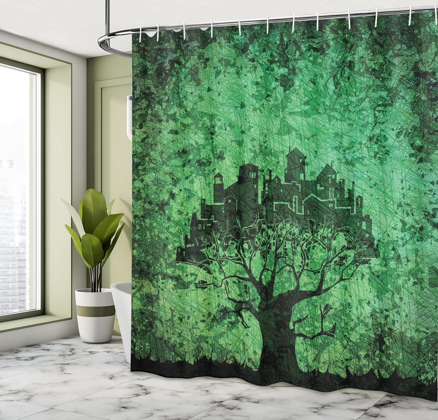 Ambesonne Abstract Shower Curtain, City Composition Buildings Houses Town on Tree Branches Creative Monochromic Artwork, Cloth Fabric Bathroom Decor Set with Hooks, 69" W x 70" L, Black Green