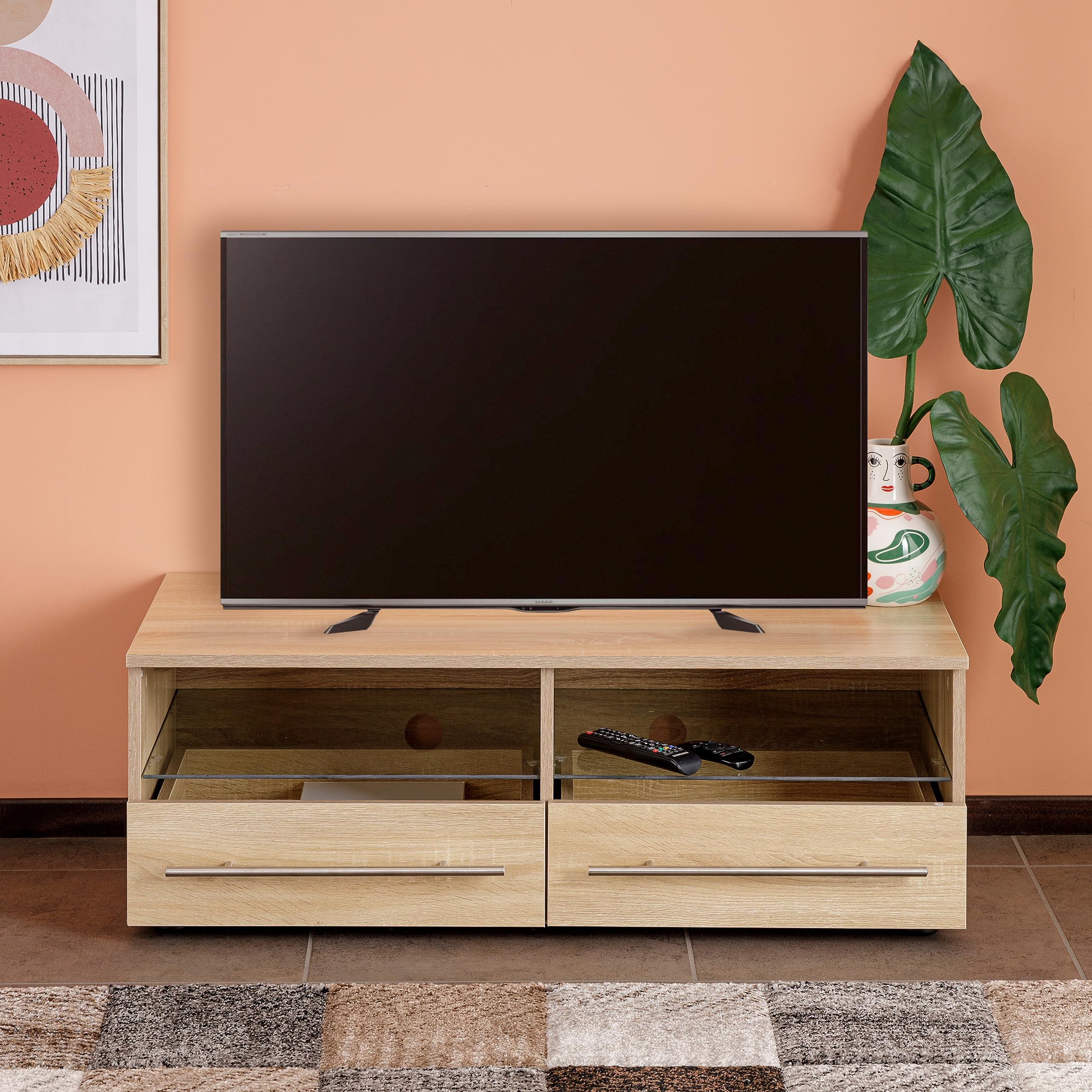 Baroni Home Mobile per Tv con 2 Ripiani 2 Cassetti, Foro per Passaggio Cavi in MDF, Consolle Porta TV per Camera da Letto, Salotto, Cucina, Natural, 100x45x35 cm