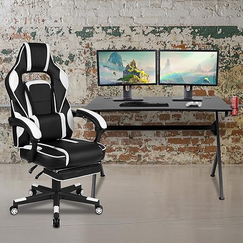 Miniatura 441 de Flash Furniture Juego de escritorio para juegos negro y silla de carreras blanco/negro con soporte para tazas, gancho para auriculares y soporte