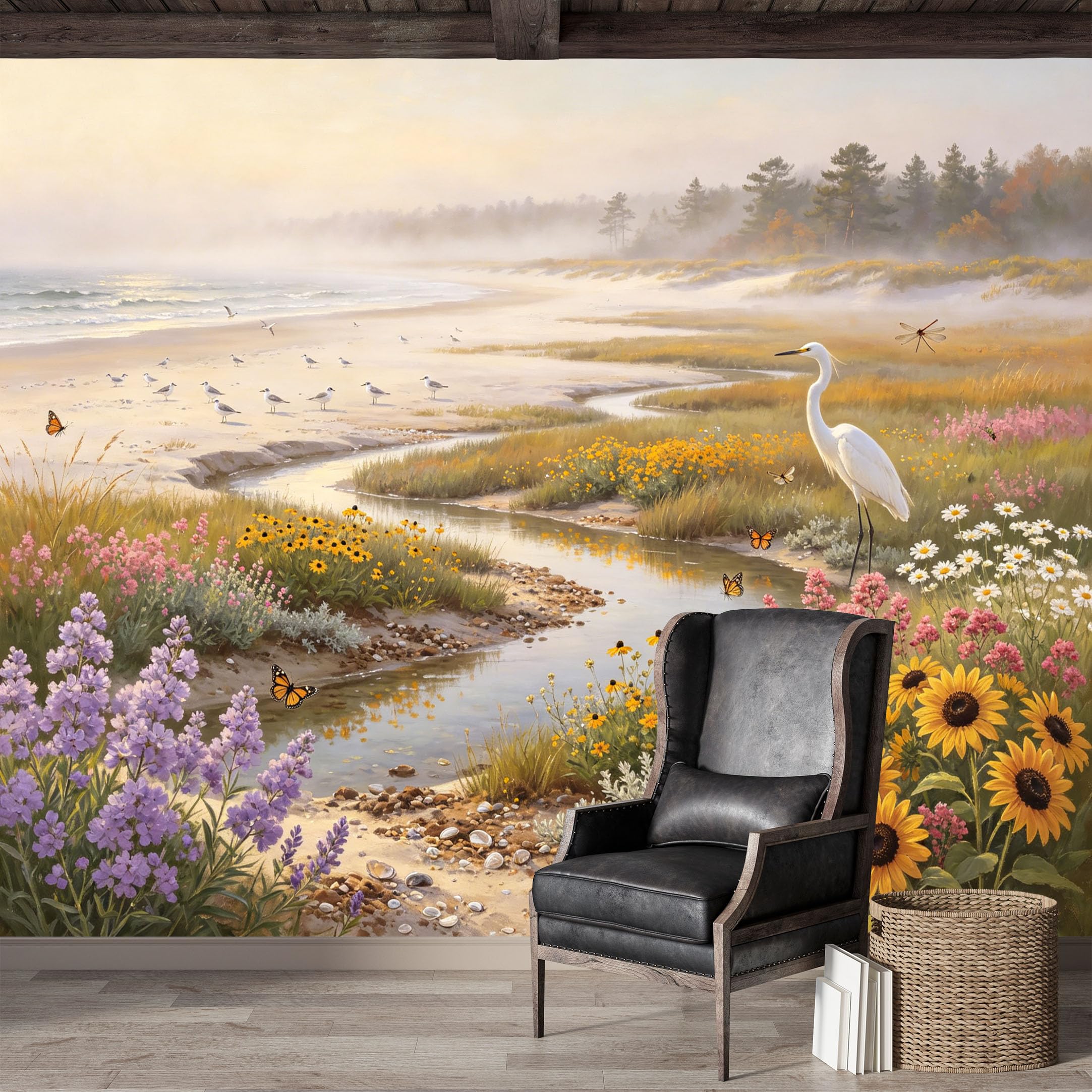 Custom Size Wall Mural,Coastal Marsh Egret Butterflies Seascape Oil Painting Premium Water Activated SelfAdhesive Wallpaper,Removable Wall Covering for Indoor Home Decor