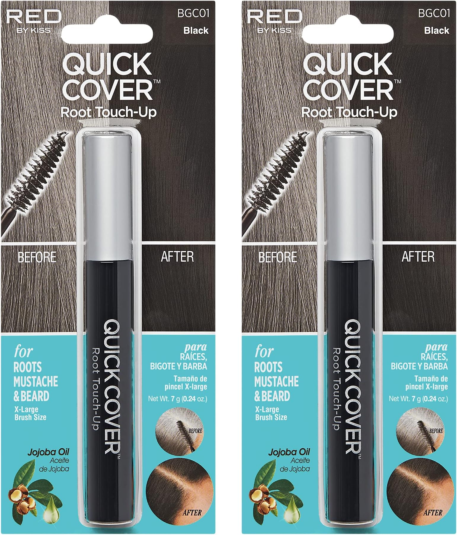 RED by KISS Quick Cover Root Touch Up Rescue (Black 2 Pack), Mascara Natural Water-Resistant Temporary Gray Concealer Cover Up Brush for Hair Mustache & Beard, Formulated with Jojoba Oil