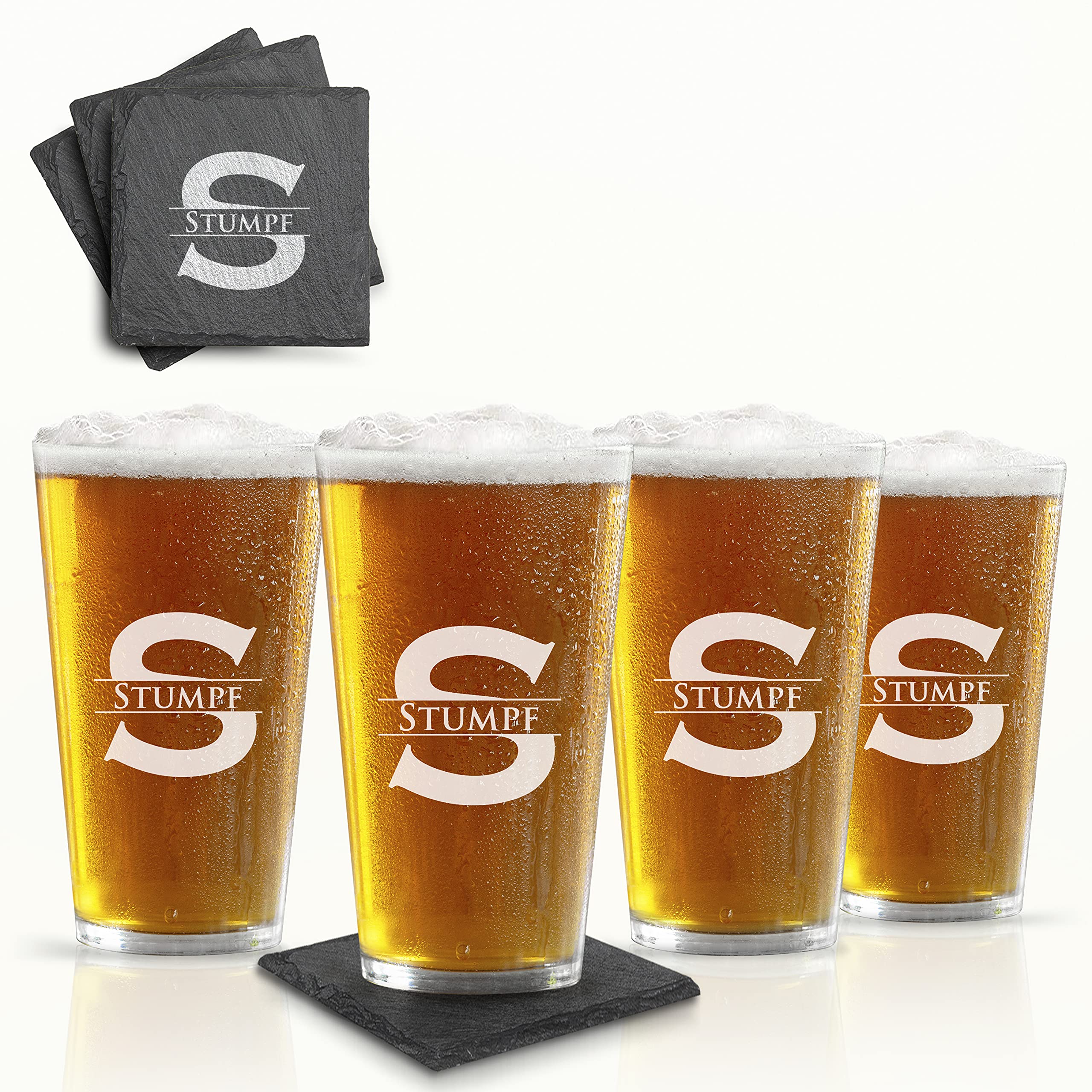 Customized Engraved Laser Printed Glasses w/Slate Coaster Set of 4 (FOUR) for Beer, Personalized Coaster Set, Customized Drinking Glasses