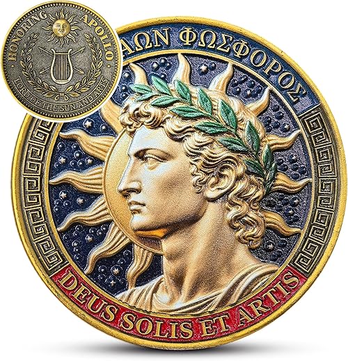 Apollo Sun God Token, Greek Mythology Metal Challenge Coin with Protective Case, Inspirational Art and Music Gift, Honoring Creativity and Achievement