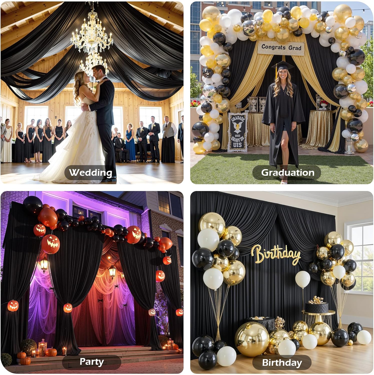 50ft×15ft Black Backdrop Curtain for Wedding Parties, 10 Panels Wrinkle Free 15 FT Long Polyester Photo Backdrop Drapes Back Drop Cloth for Birthday Photography Background