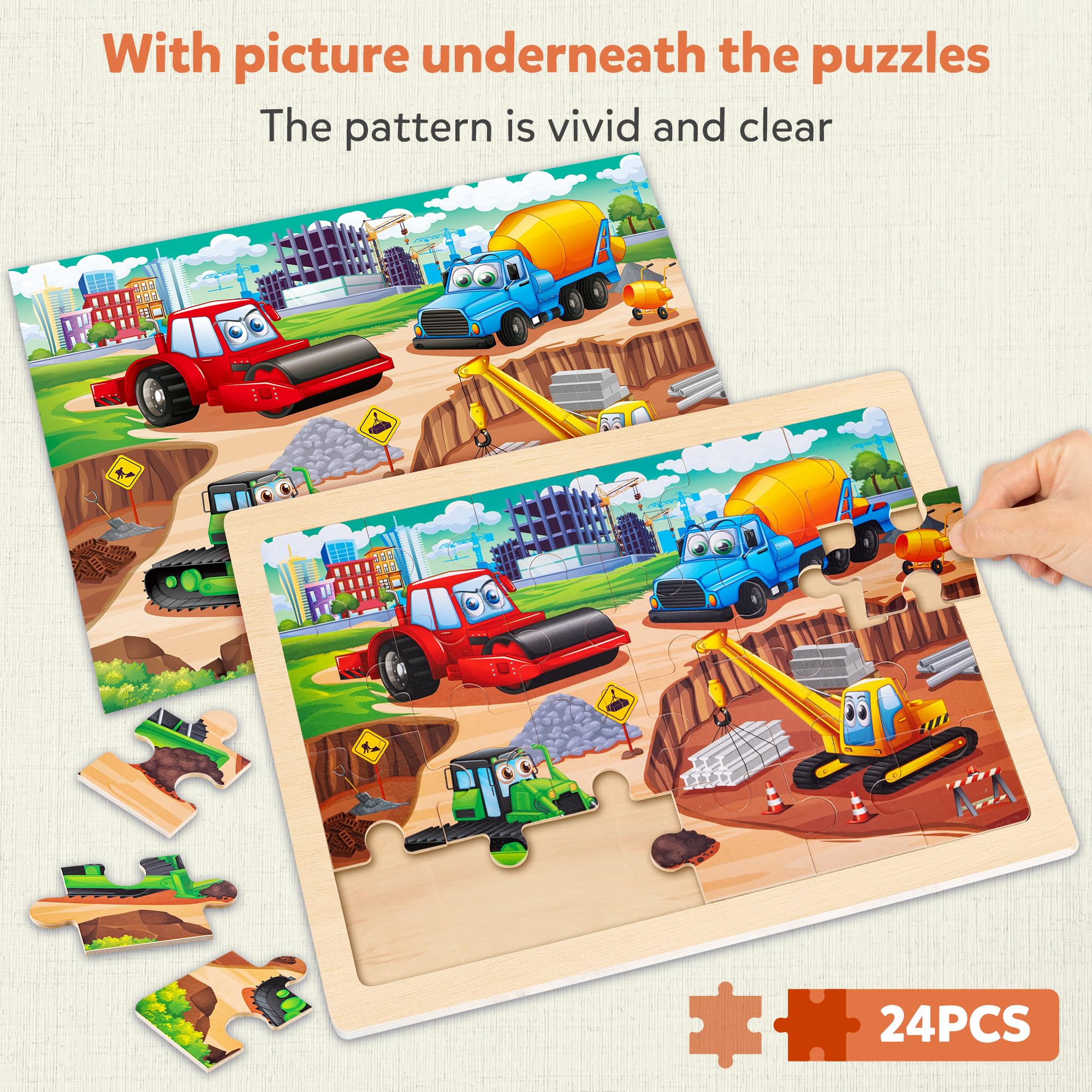 SYNARRY Wooden Construction Vehicles Jigsaw Puzzles for Kids 24 Piece Monster Truck Puzzles for 3 4 5 6 Year Olds - Image 3