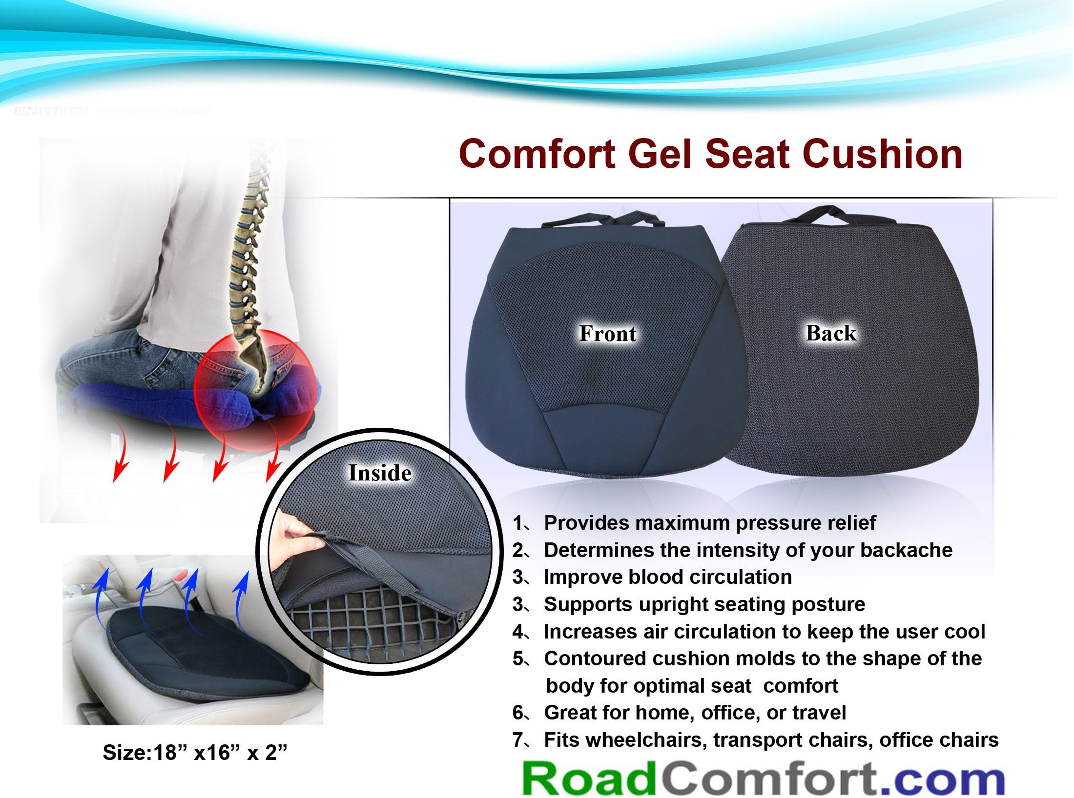 Coccyx Gel Seat Cushion with Air-Flo3D Breathable Fabric for Wheelchair,office,car,home