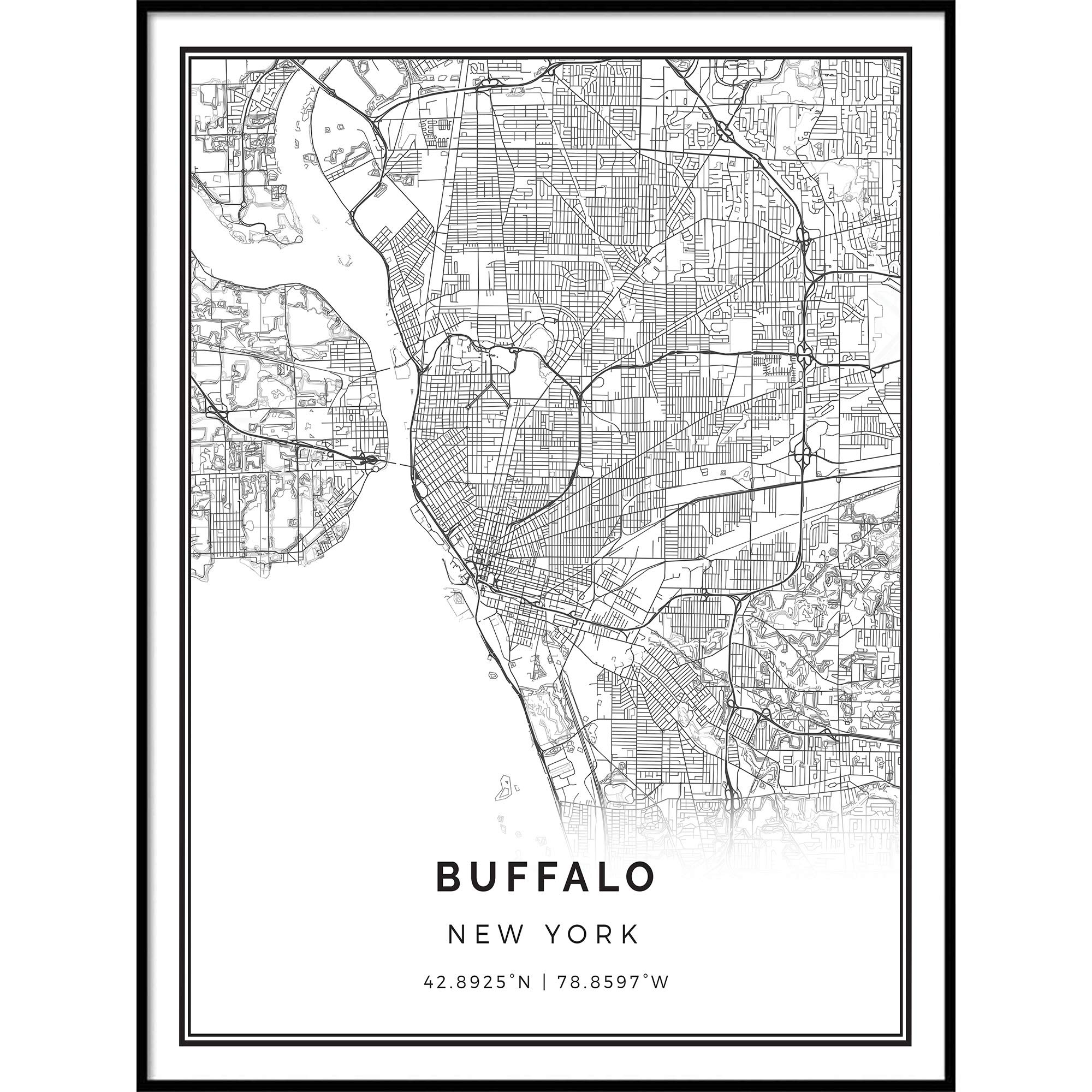 Squareious Buffalo map Poster Print | Modern Black and White Wall Art | Scandinavian Home Decor | New York City Prints Artwork | Fine Art Posters 18x24