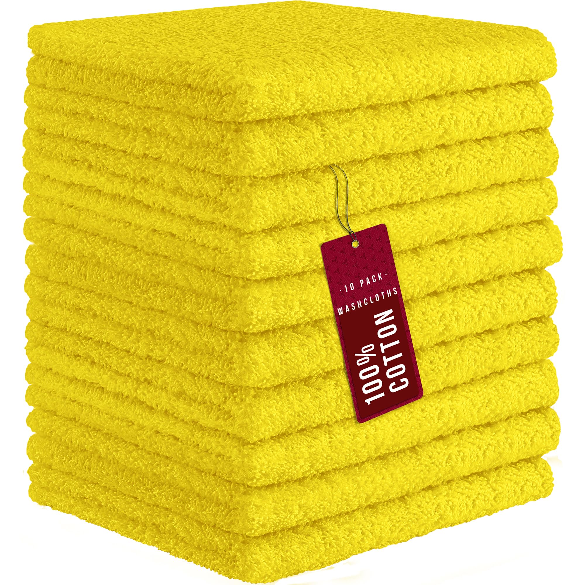 DecorRack 10 Pack 100% Cotton Wash Cloth, Luxurious Soft, 12 x 12 inch Ultra Absorbent, Machine Washable Washcloths, Bright Yellow (10 Pack)