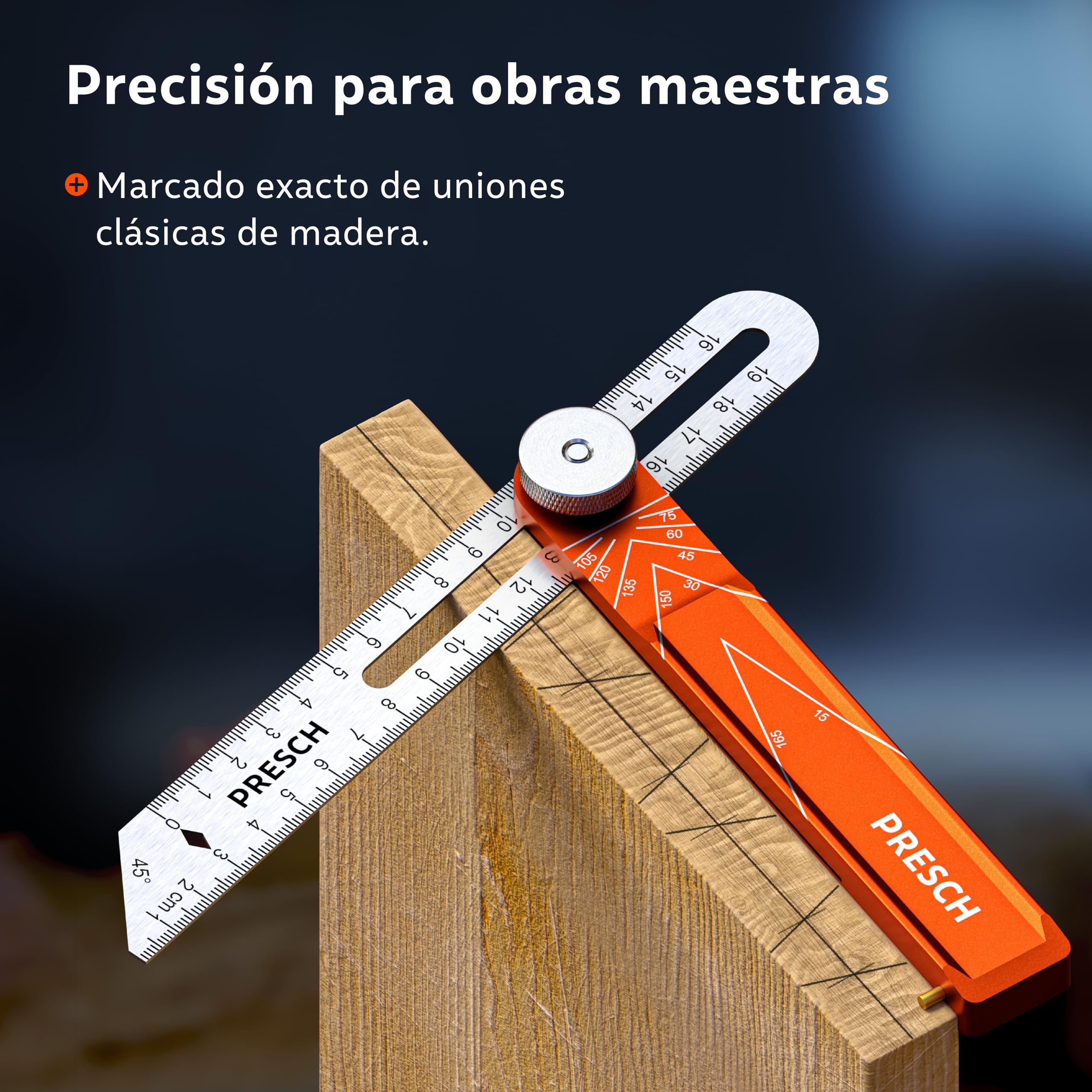 Presch Falsa Escuadra incl. regla adicional - 190mm & 270mm - Transferir ángulos de extrema precisión - Regla con función trazado fabricada en aluminio mecanizado con precisión y acero inoxidable