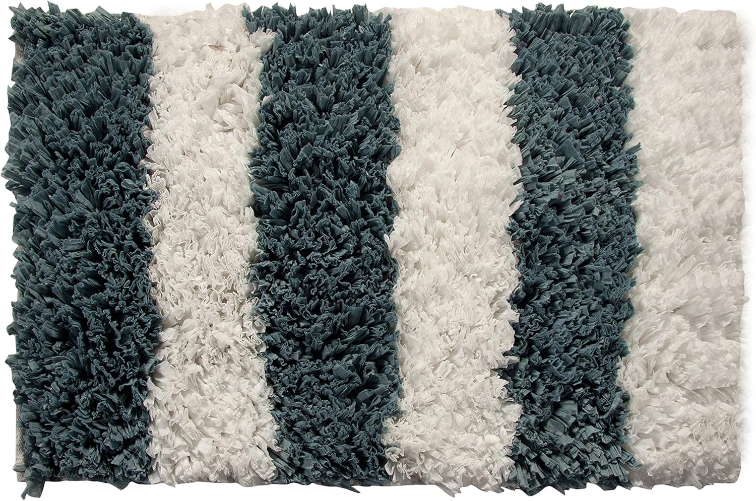 Bath Rug Polyester/Viscose/Cotton Handloom Woven, 34x21 Inches, Color White and Blue, GSF 200, Pattern Allure Stripes