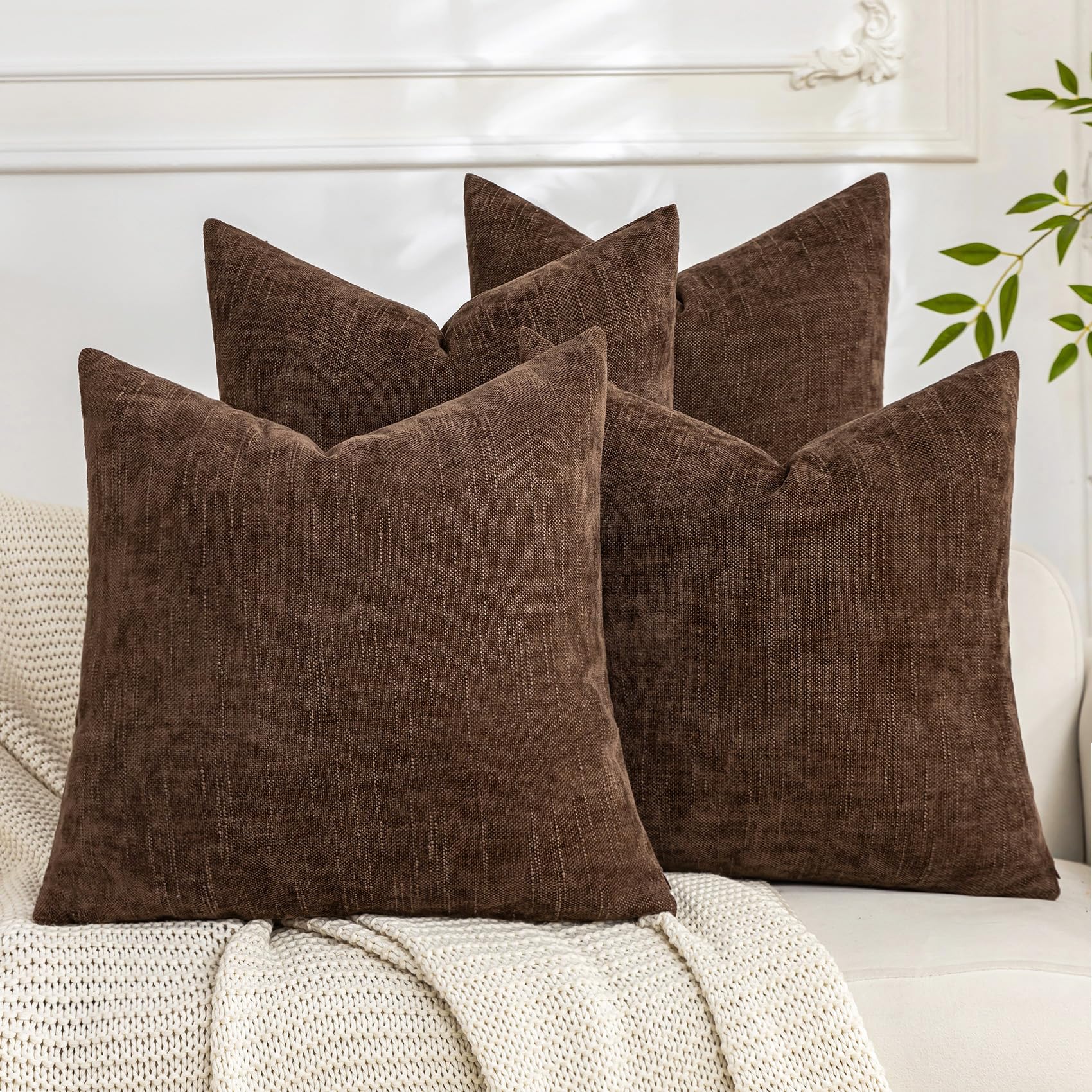 Set of 4 Soft Textured Decorative Throw Pillow Covers 18x18 Inch Cozy Farmhouse Cushion Cover Square Accent Pillow Cases for Bed Couch Sofa Living Room, Dark Brown