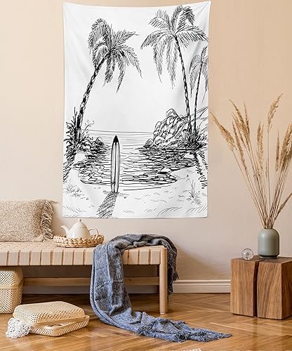Ambesonne Tapiz de surf, paisaje marino con árbol de coco y tabla de surf en la arena, boceto de isla exótica de verano, colgante de pared para