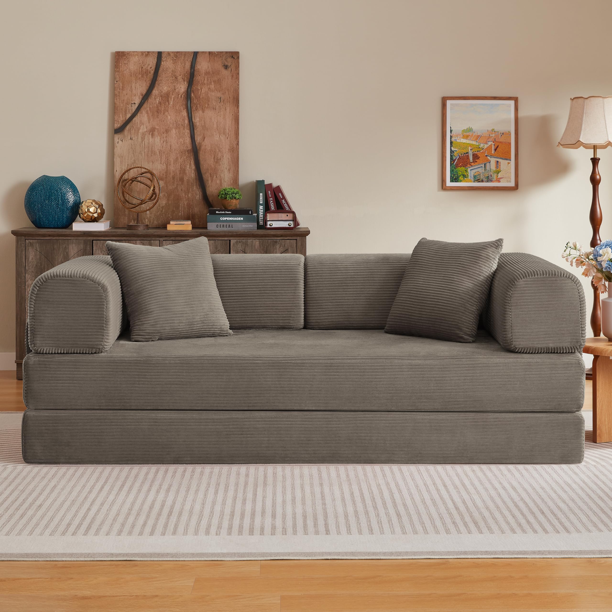 Sofa podłogowa rozkładana sofa modułowa z 2 poduszkami, stalowy stelaż, kolor brązowy