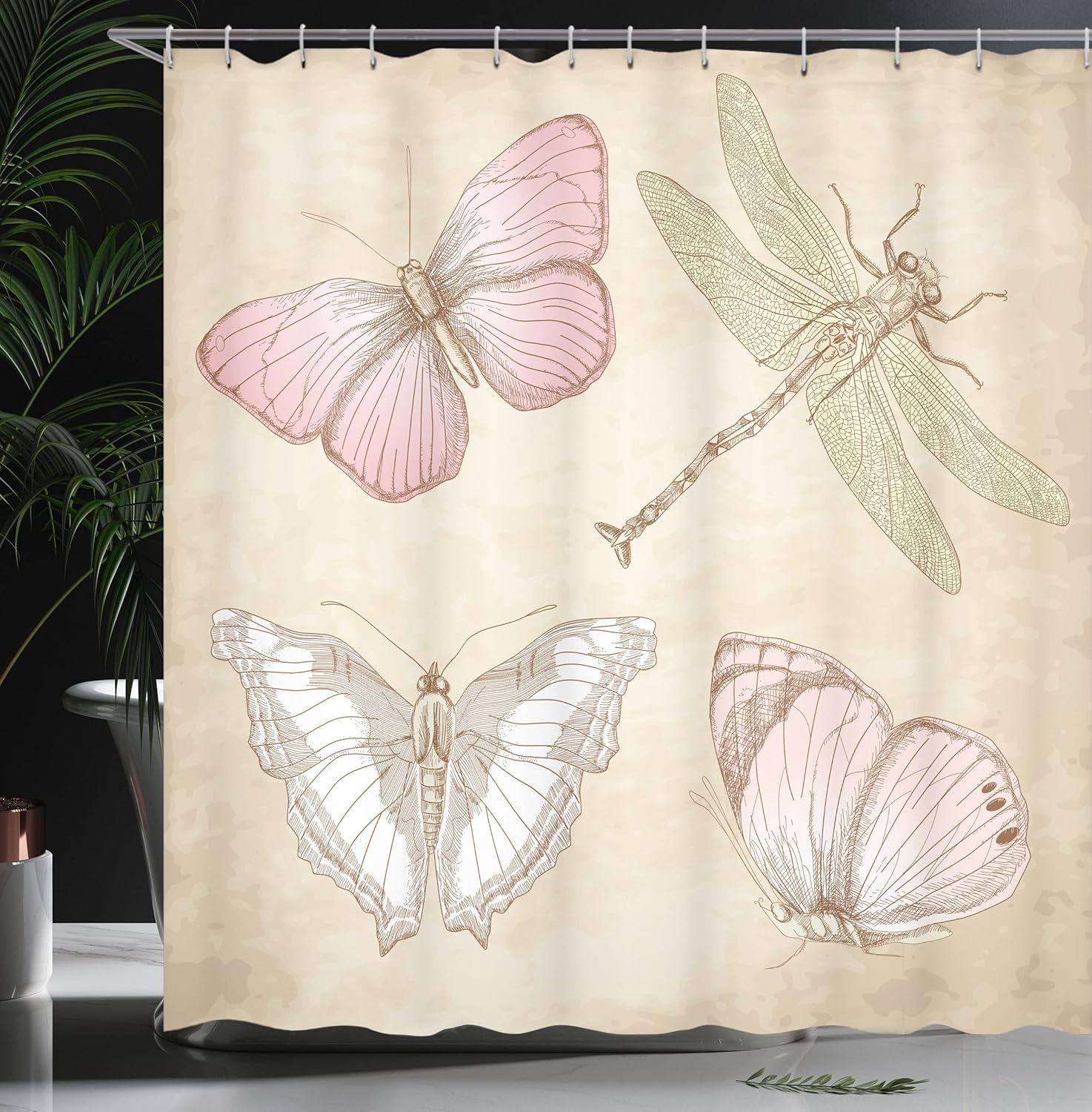 Ambesonne Vintage Shower Curtain, Butterflies Bugs Old Collector Image on Abstract Retro Backdrop Art, Cloth Fabric Bathroom Decor Set with Hooks, 69" W x 70" L, Pale Pink and Pale Grey