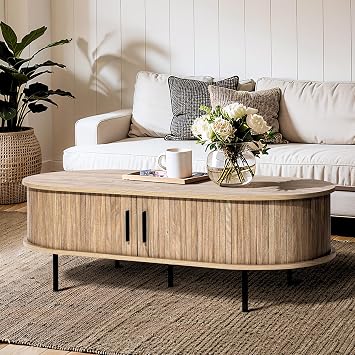 LuxenHome 47" Oval Coffee Table with Storage and Sliding Door