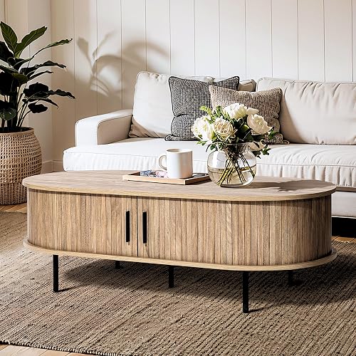 LuxenHome 47" Oval Coffee Table with Storage and Sliding Door