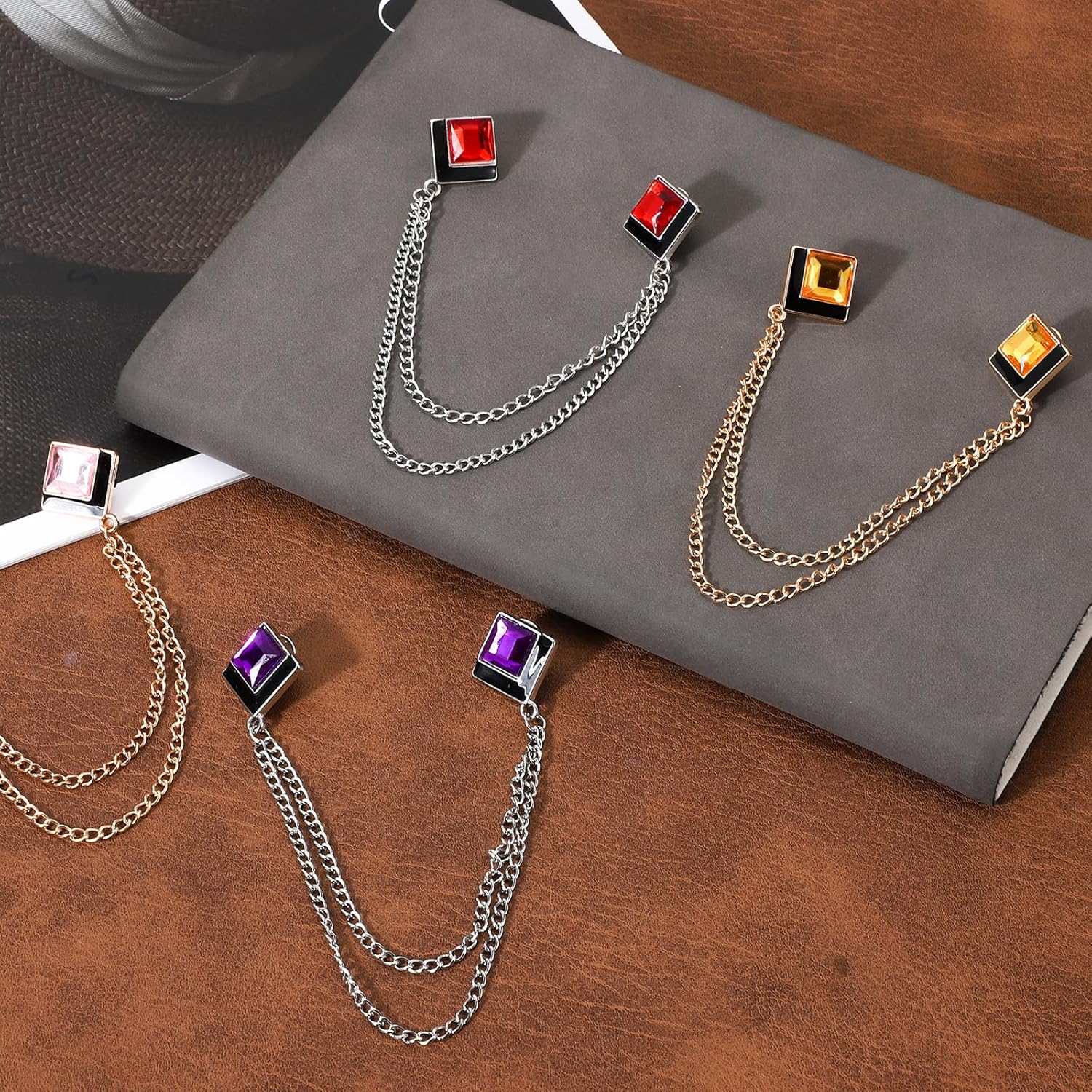 PATIKIL Gem Chain Brooch Pins, Hanging Chain Brooch Suit Pin Tassel Chain Square Crystal Badge Lapel Collar Pins for Women - Image 4