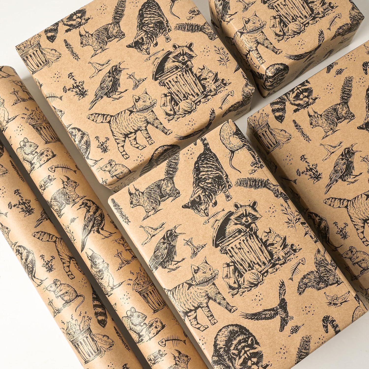 Dlyrroba Kraft Animal Wrapping Paper Roll - Funny Trash Friends Rat Crow Cat Skunk Mouse Gift Wrap Design for Birthday Party Holiday Kids Animal Lovers 17 Inch x 16.5 Feet image 4
