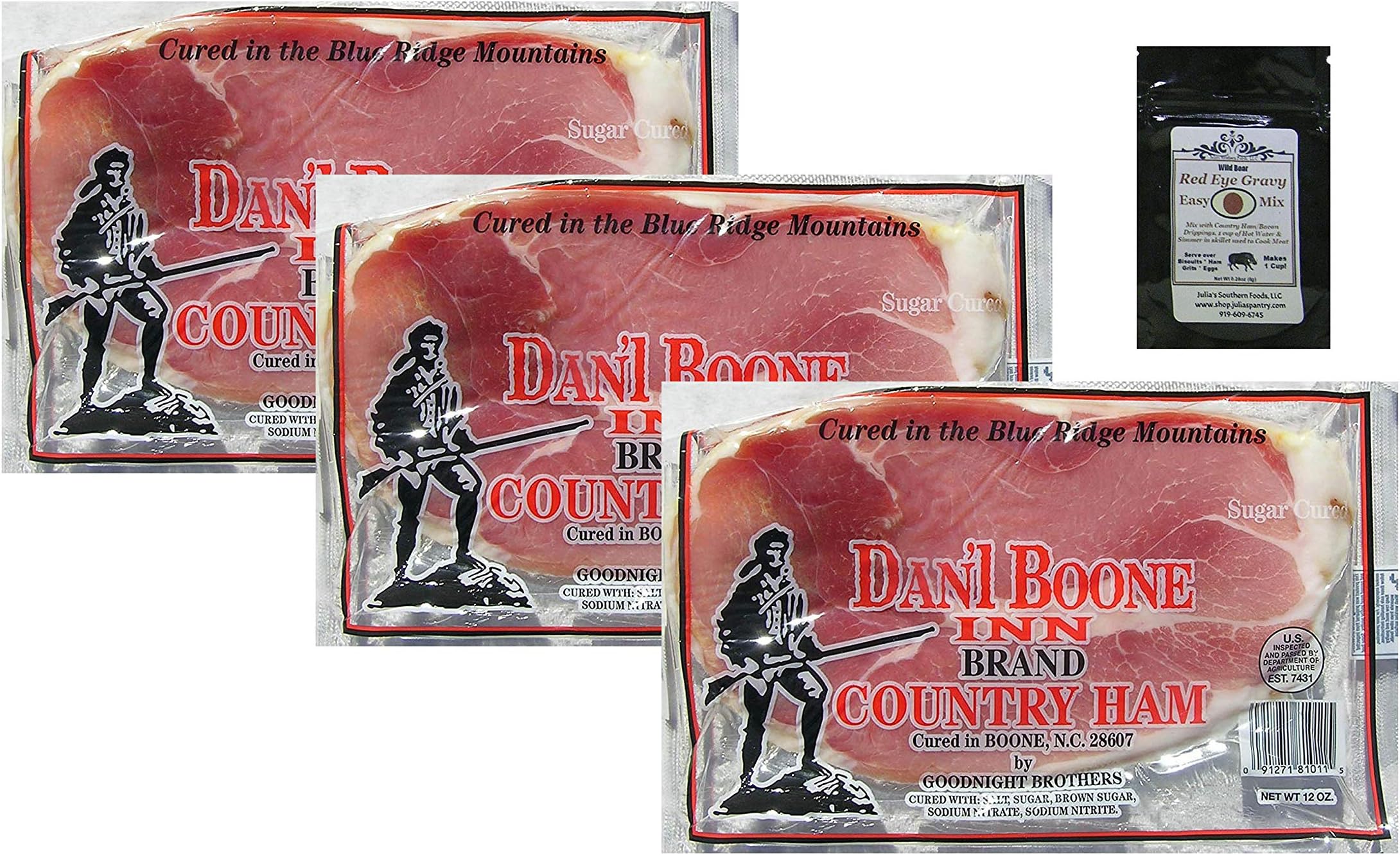 Dan'l Boone Country Ham 3-12oz Pkgs (2 1/4 Lbs) with Red Eye Gravy Sample