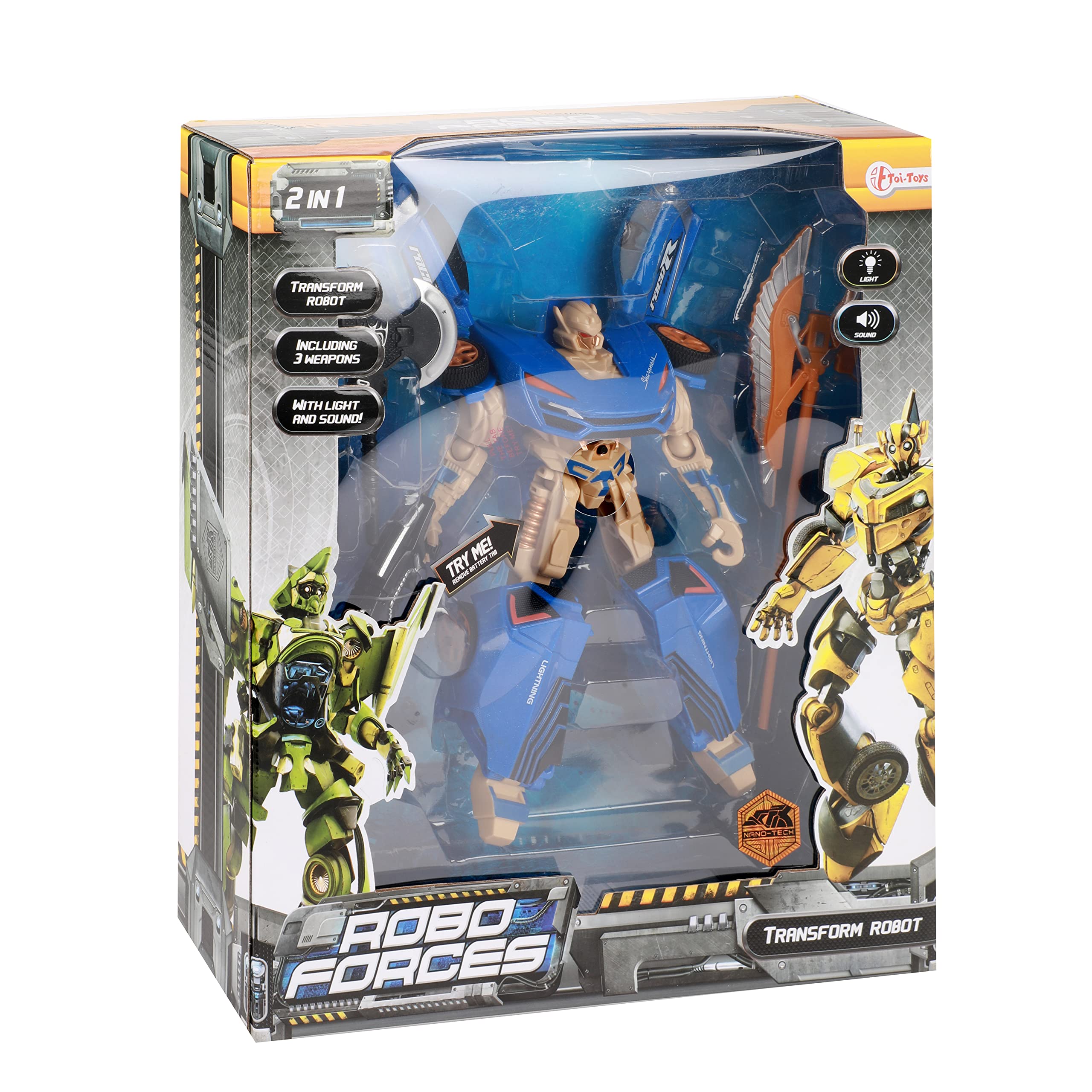 Toi-Toys Roboforces Transformers zabawka 2 w 1 ze światłem i dźwiękiem – robot samochodowy – losowy kolor – 3 bronie – od 3 lat – figurka 24 cm