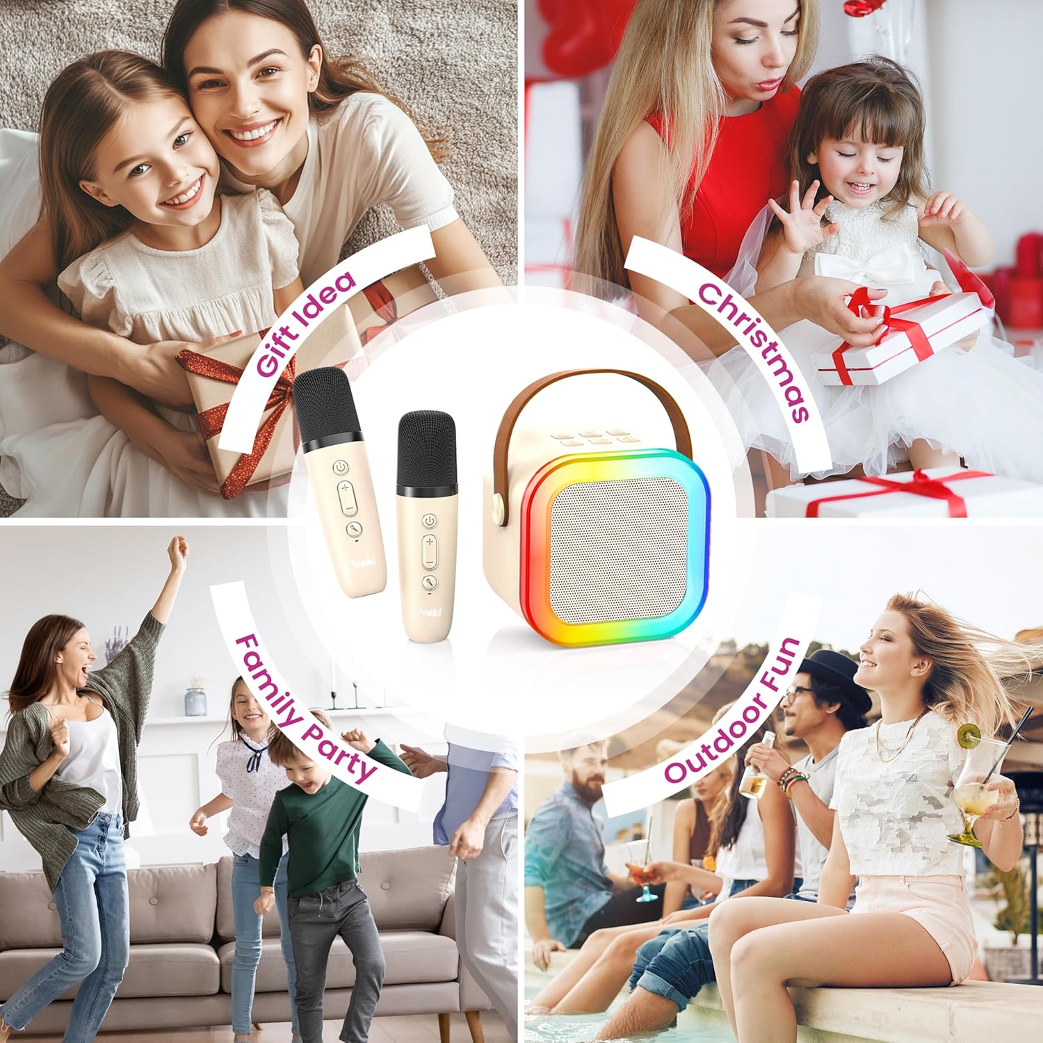 Karaoke Machine for Kids Adults, Portable Bluetooth Mini Karaoke Microphone Singing Speaker Karaoke Player with 2 Wireless Mic, for All Smartphones,Birthday, Family,Home Party (Beige) image 8 of 9 B0DBL7Q1YZ
