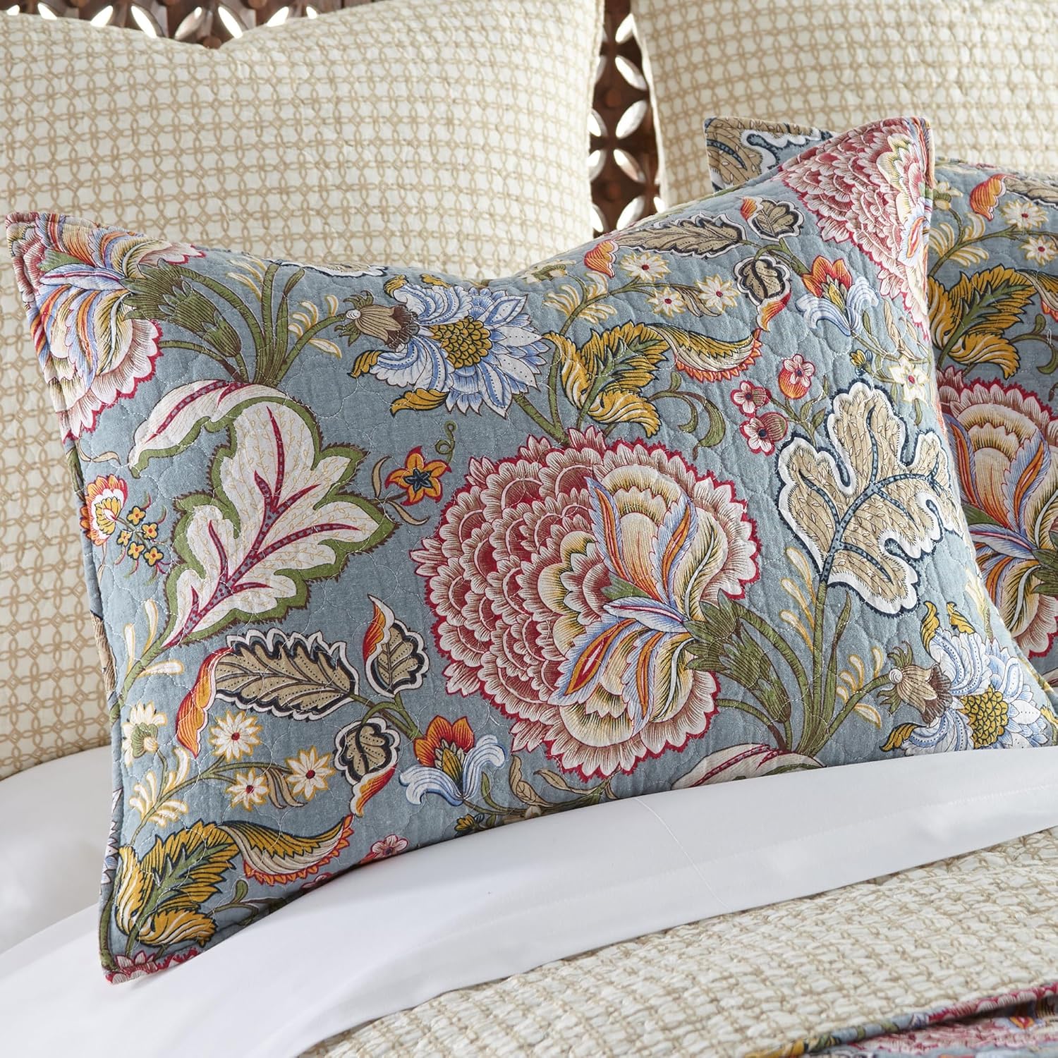 Levtex Home Angelica Reversible Full/Queen Quilt Set (88x92in) and 2 Pillow Shams (26x20) - Bedding - Blue Grey, Coral - Cotton Full/Queen Size Quilt Bedding Set - Lightweight, Soft, Pre-Washed