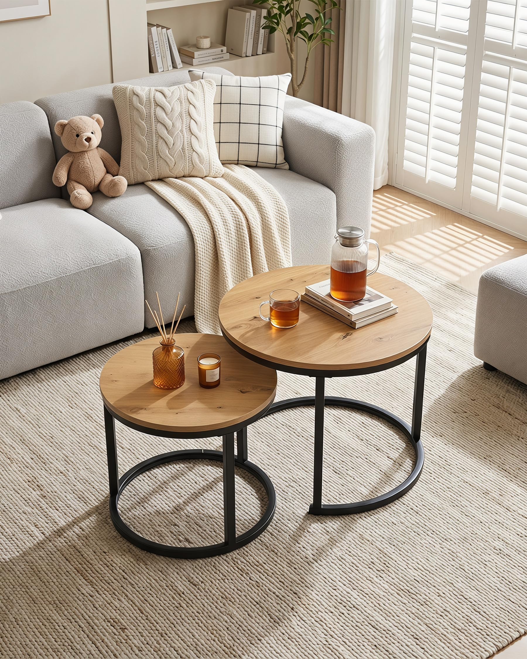 Couchtisch Rund Holz 2er Set, Wohnzimmertisch Modern, Coffee Table, Holz-Effekt Beistelltisch Wohnzimmer mit schwarzem Rahmen