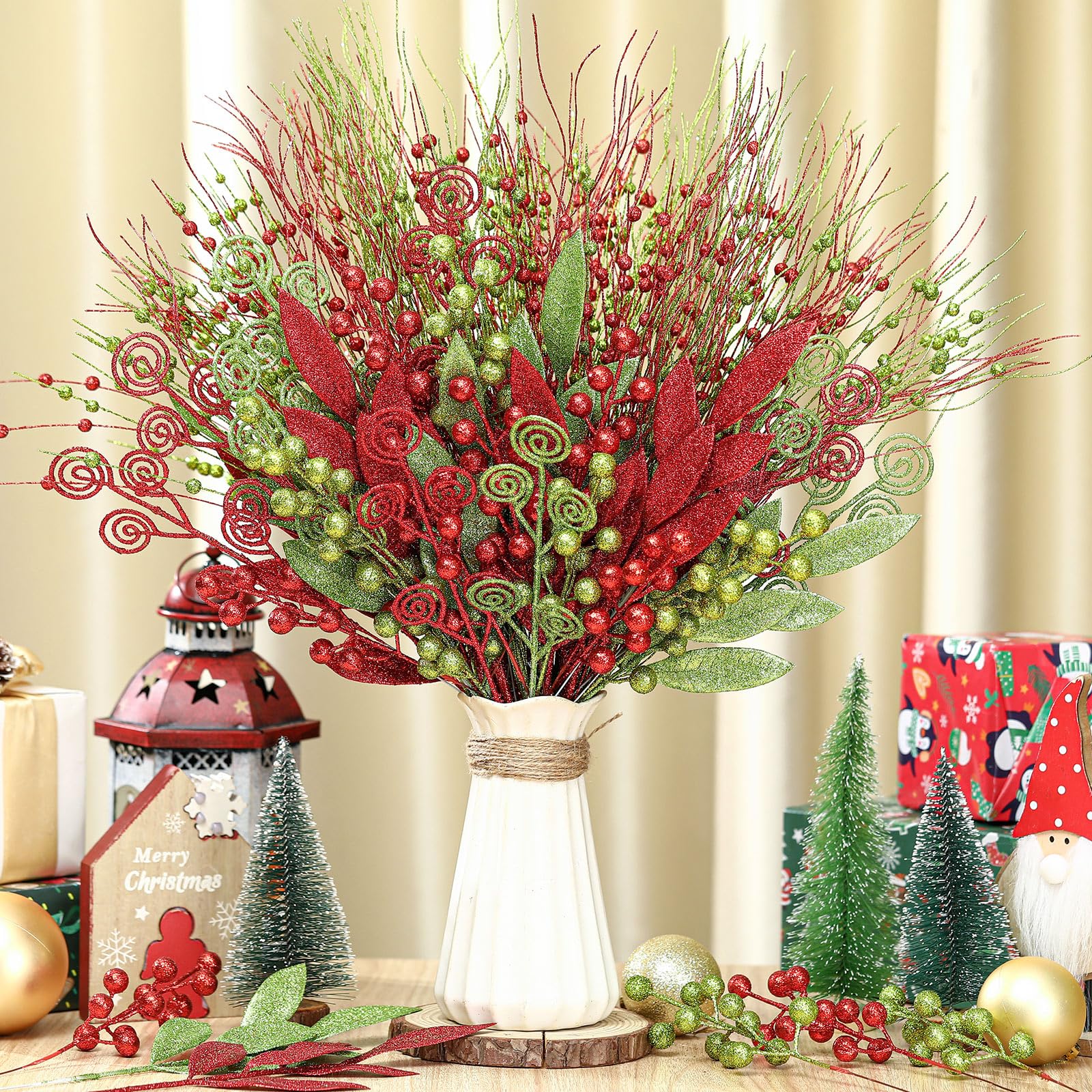 50 Pcs Christmas Tree Picks & Sprays - Glitter Red & White Curly Stems For Holiday Decor, 13.4 Inches - View #5
