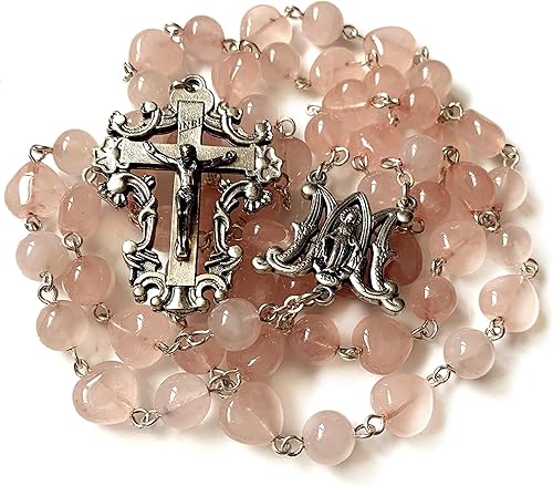 elegantmedical - Collar de cristal rosa de cuarzo católico de 5 décadas rosario de Italia crucifijo en caja de regalo
