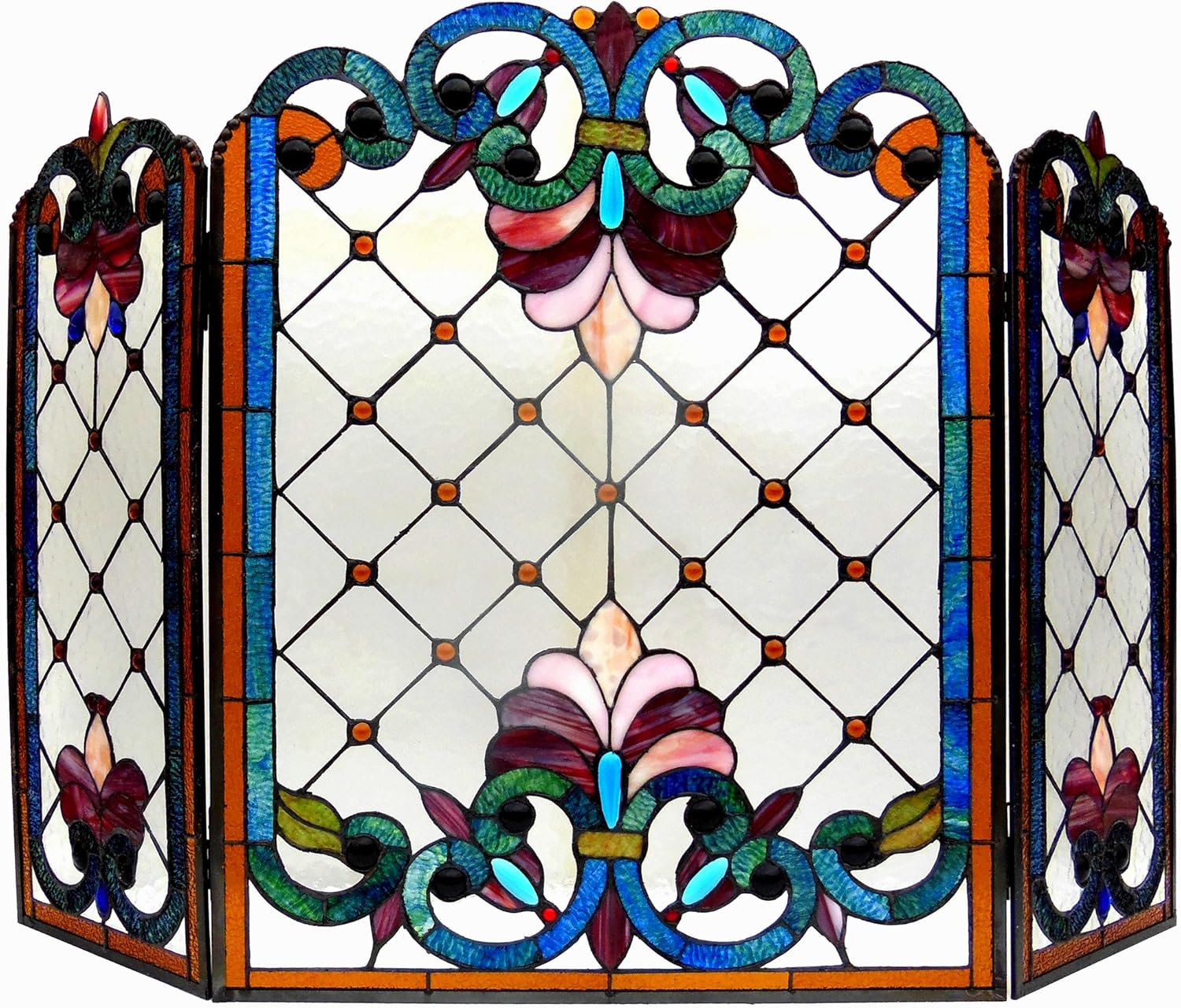 Tiffany-Glass 3pcs Folding Victorian Fireplace Screen 44" Wide