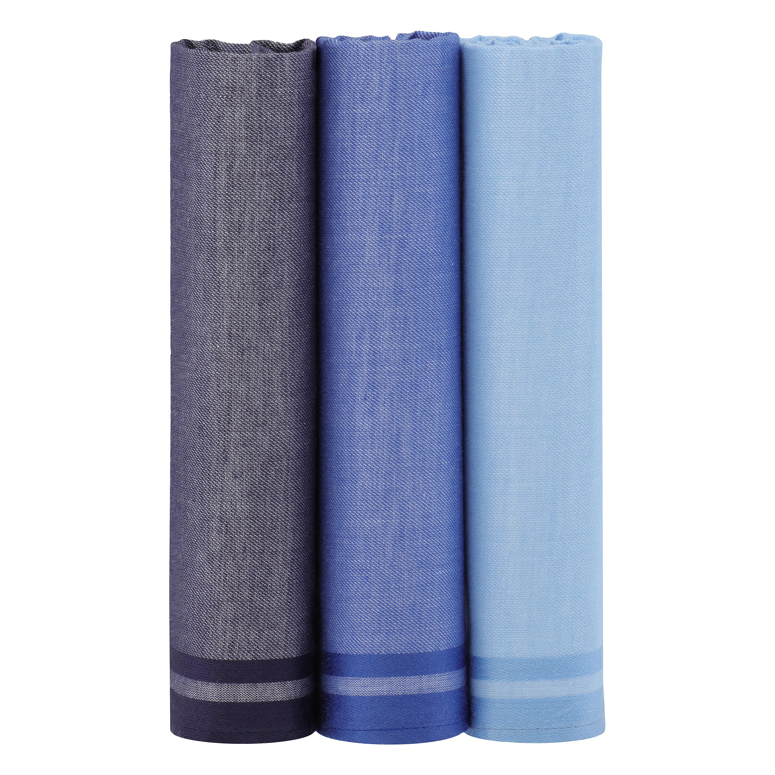 Mandittions Men's 1 Pk Mixed Blue Satin Edged Box Of 3 Blue Handkerchiefs For Satin Edged Soft Cotton Large Size 45Cm X 45 Cm