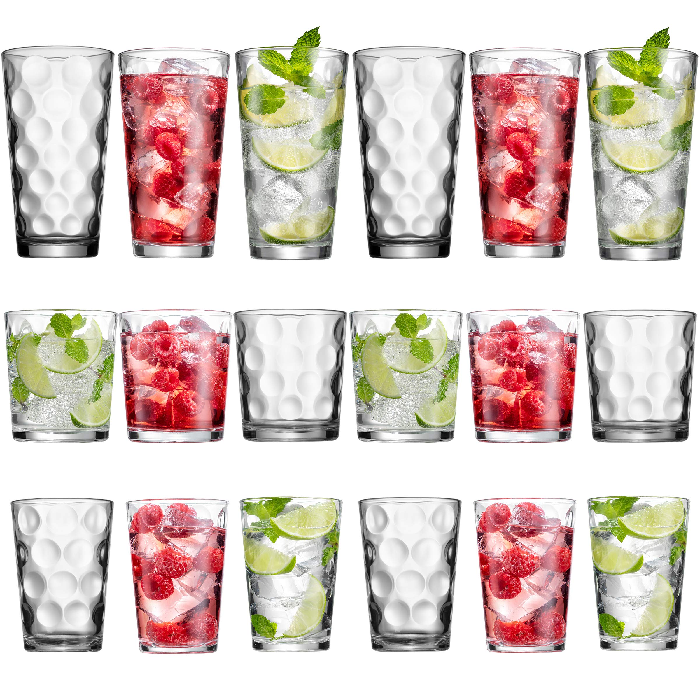 Lumientti Highball Glasses Set of 18 Drinking Glasses - Includes: 6-17-Ounce Hiball Glasses & 6-13-Ounce DOF Glasses, & 6 7-Ounce Juice Glasses. | Durable & Attractive Highball & Drinking Glasses