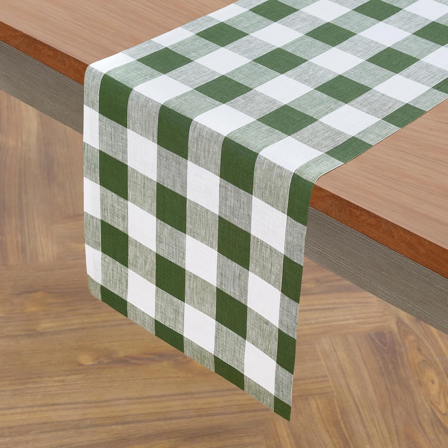 Solino Home Linen Fall Table Runner 132 Inches Long - 100% Pure Linen Olive and White Buffalo Check Extra Long Table Runner 14 x 132 Inch Ideal for Dining, Autumn