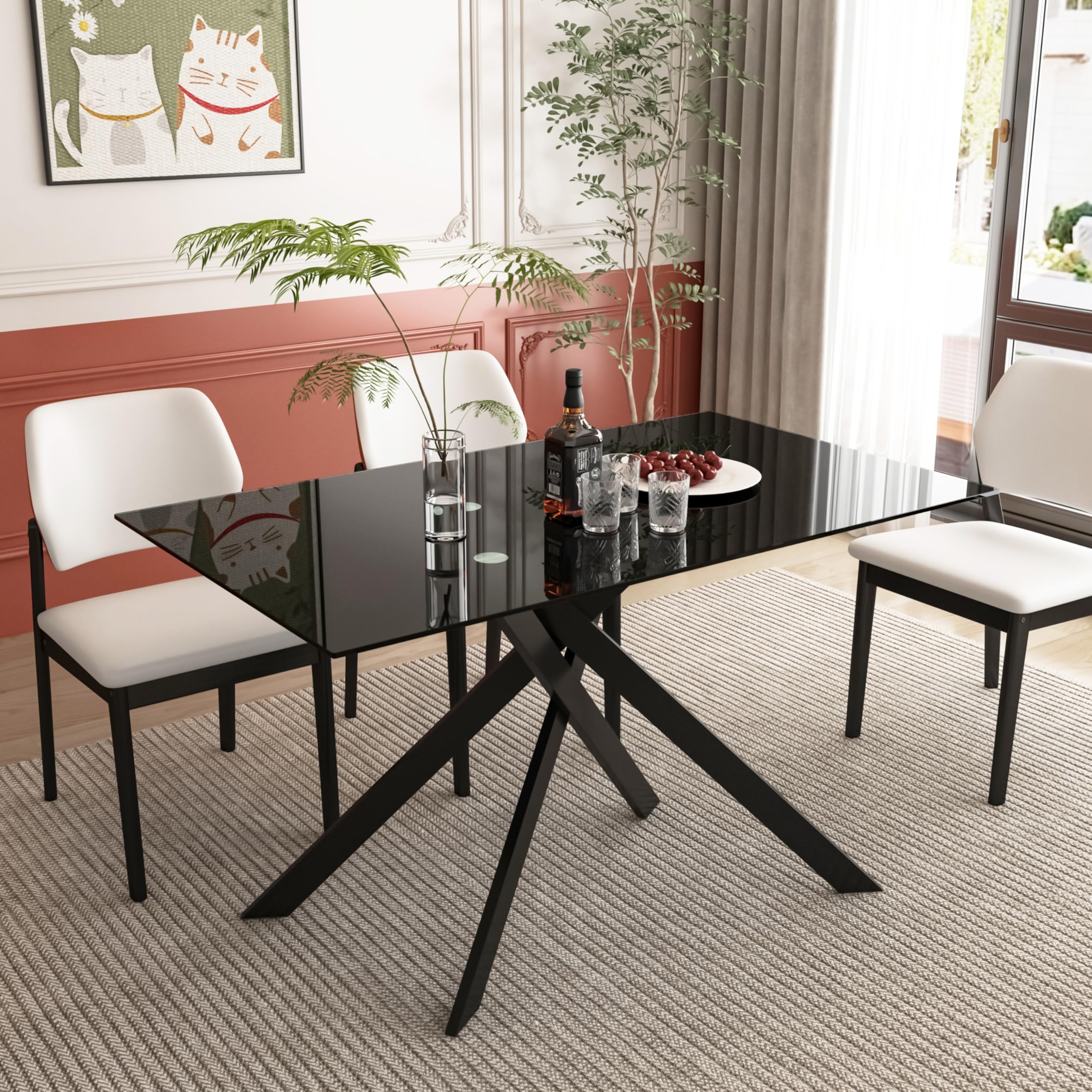 KUVADAZ 51" Rectangle Dining Table for 4 5 6 People, Modern Dining Room Tables with Black Chrome Metal X-Shaped Legs, Black Glass Dining Table Large