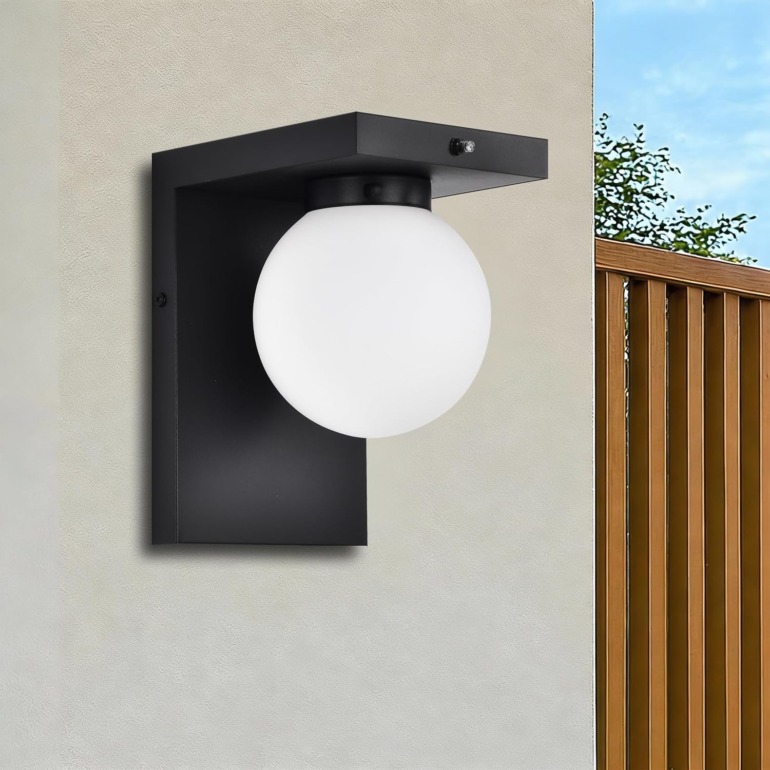 Large LED Outdoor Wall Lights, Frosted Glass Globe Shade Outdoor Sconce, Black Exterior Light Fixtures with Dusk to Dawn Sensor, Waterproof 12W 3000K for Front Door, Garage, Patio, Porch, 1 Pack