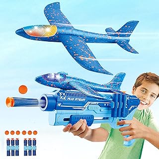 Airplane Toys with Launcher, LED Foam Airplanes for Kids Ages 4-12, Outdoor Flying Games Toys, 2 Flight Modes Glider, Outs...