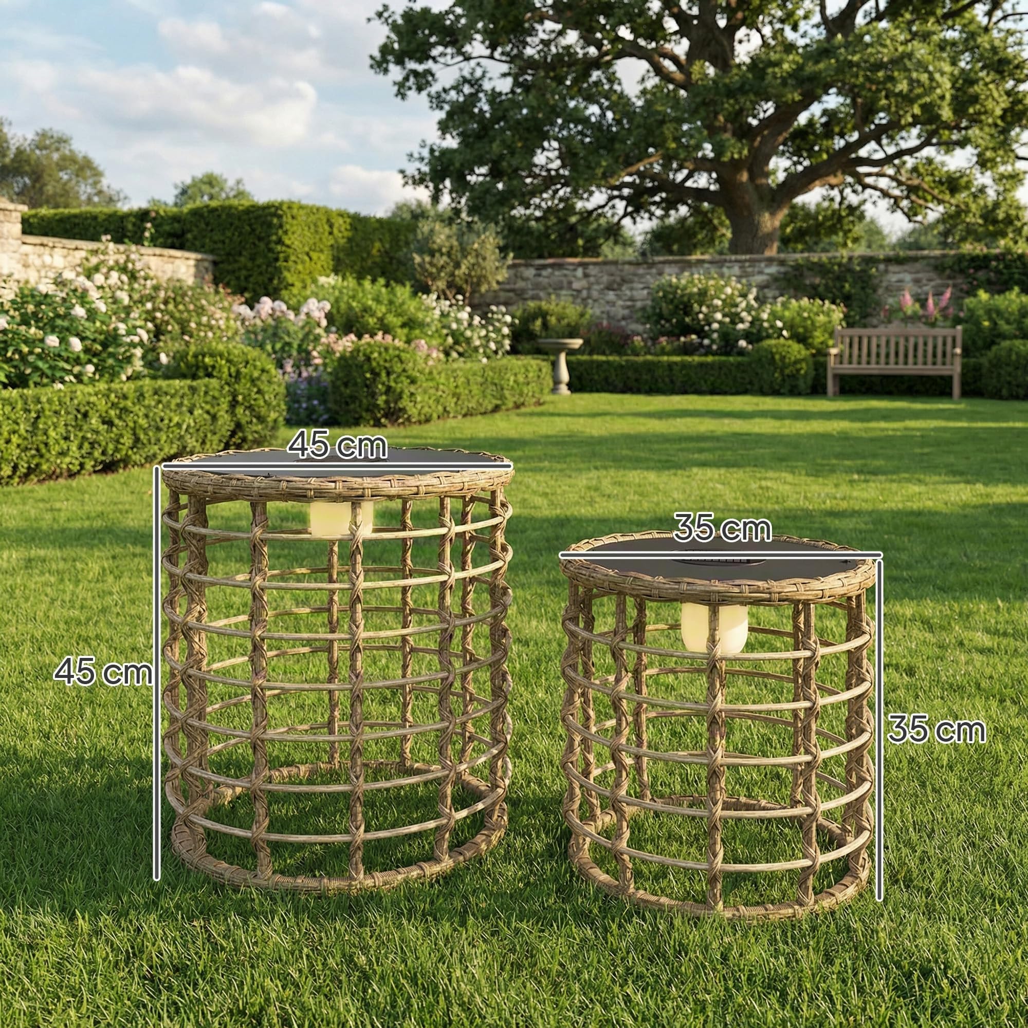 Outsunny Set di 2 lampade solari a energia solare in rattan con sensore di luce, lampada solare a LED in stile boho, IP44, impermeabile, per giardino, balcone, esterno, prato, cortile