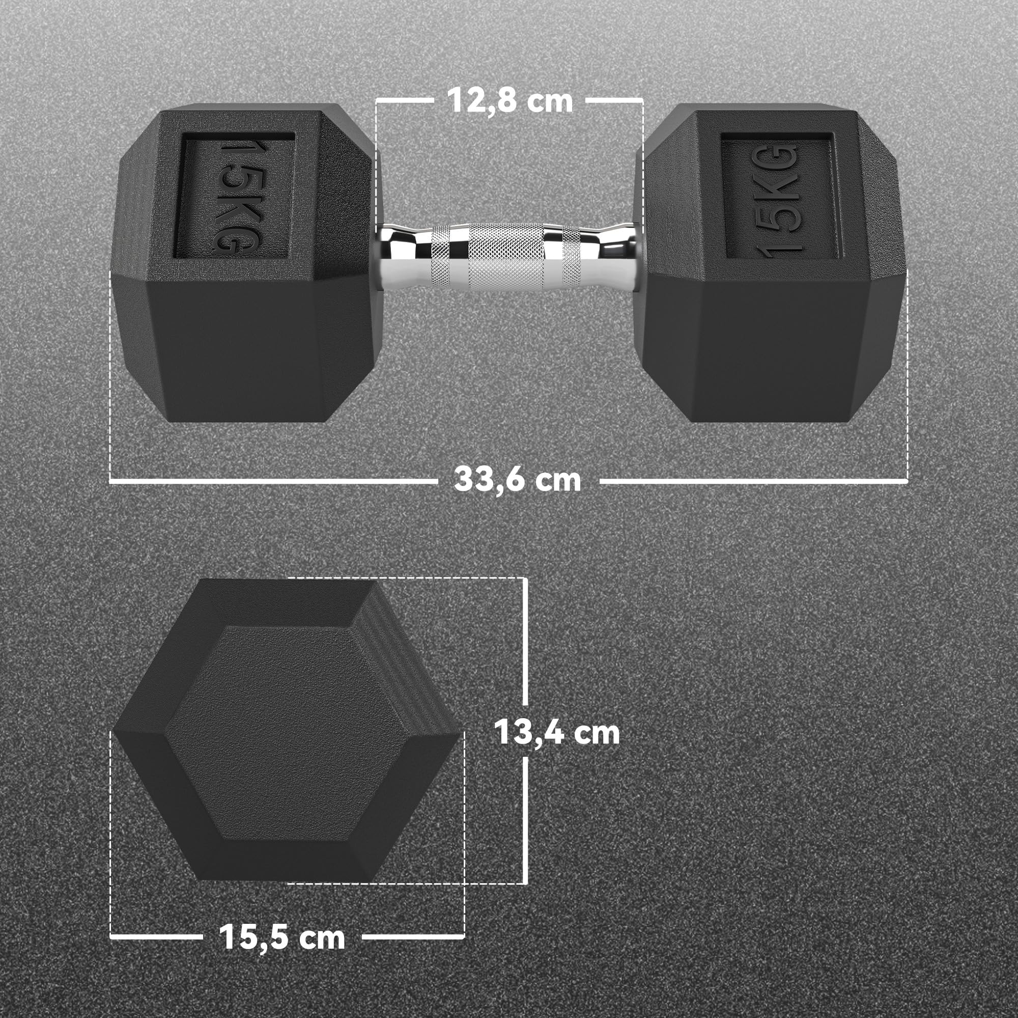 HOMCOM Hantle o krótkim ciężarze 15 Kg - Hantle sześciokątne do treningu mięśni i podnoszenia ciężarów - metal czarna guma