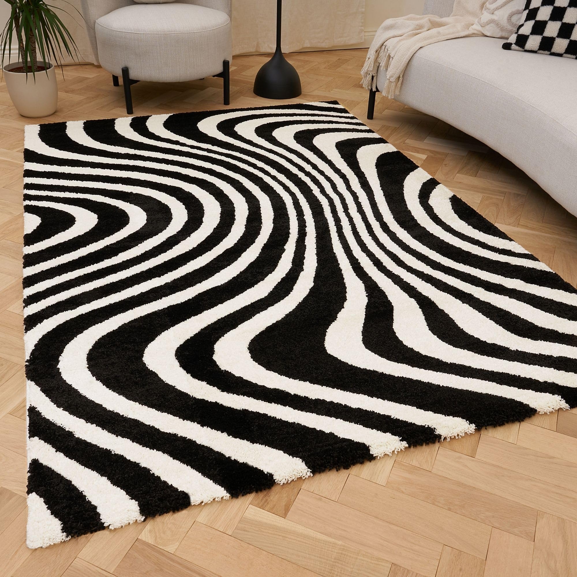 THE RUGS Joli Area Rug - Soft Dense Pile Modern Artistic Design, Durable & Easy Care Carpet for Living Room & Bedroom - Wavy Stripe Black & White, 160 x 230 cm