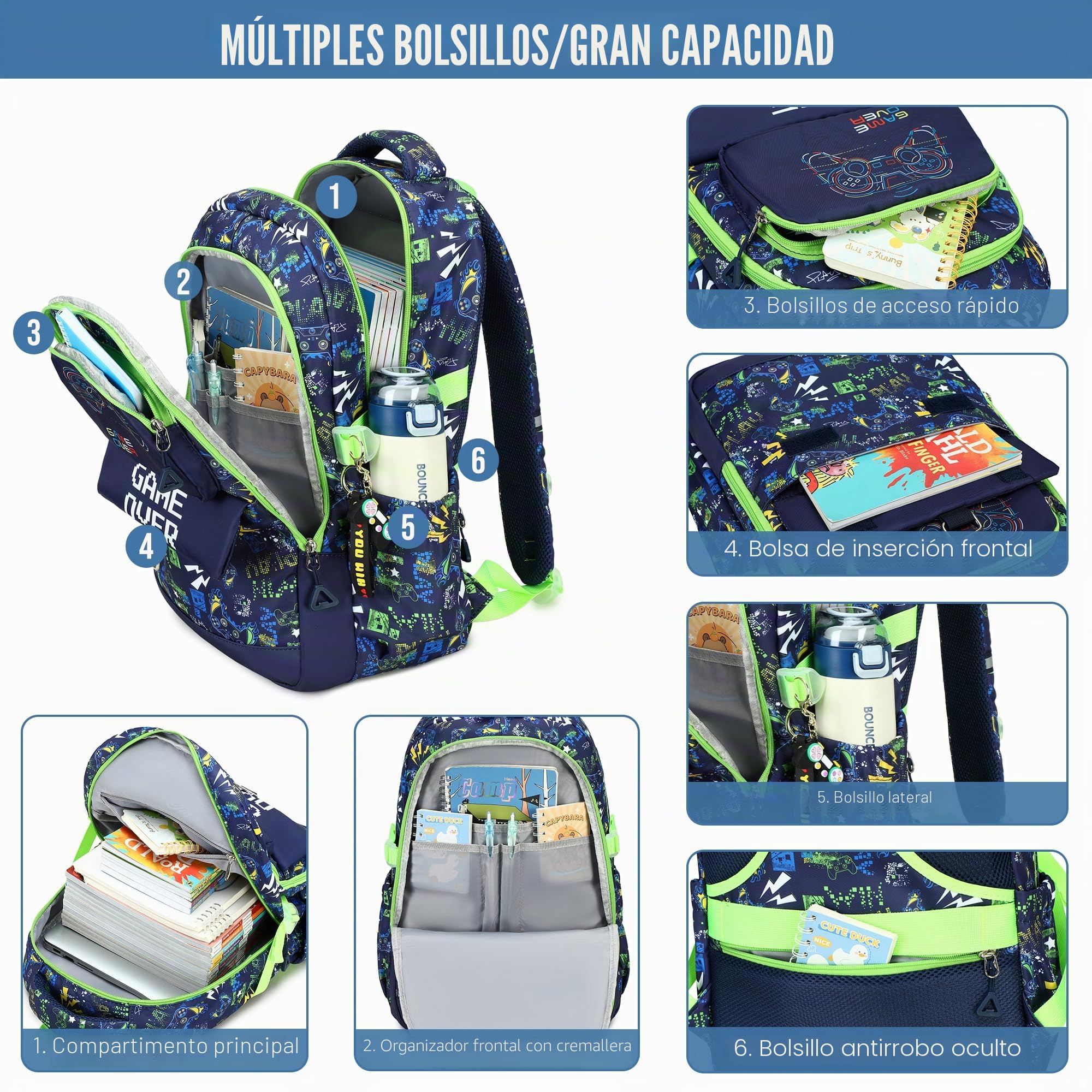 Makukke - Juego de mochilas escolares para niños, mochila para estudiantes gamers, adolescentes con lonchera y estuche para lápices, para estudiantes de primaria y secundaria, 15.6inch, Juegos